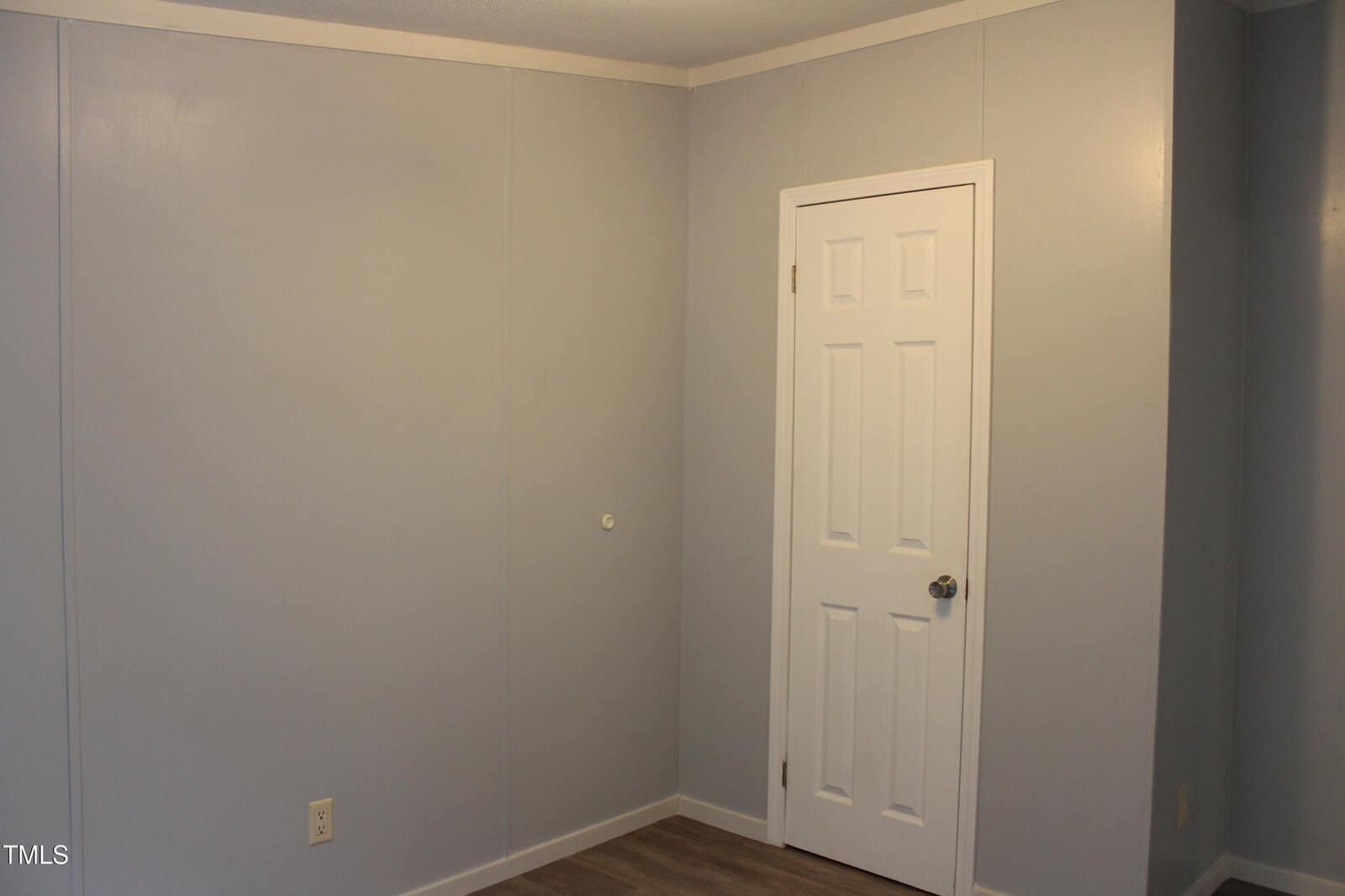 A plain room with light gray walls, a white door with a silver handle, light-colored wood flooring, and a single electrical outlet on the left wall. The room appears empty and undecorated.