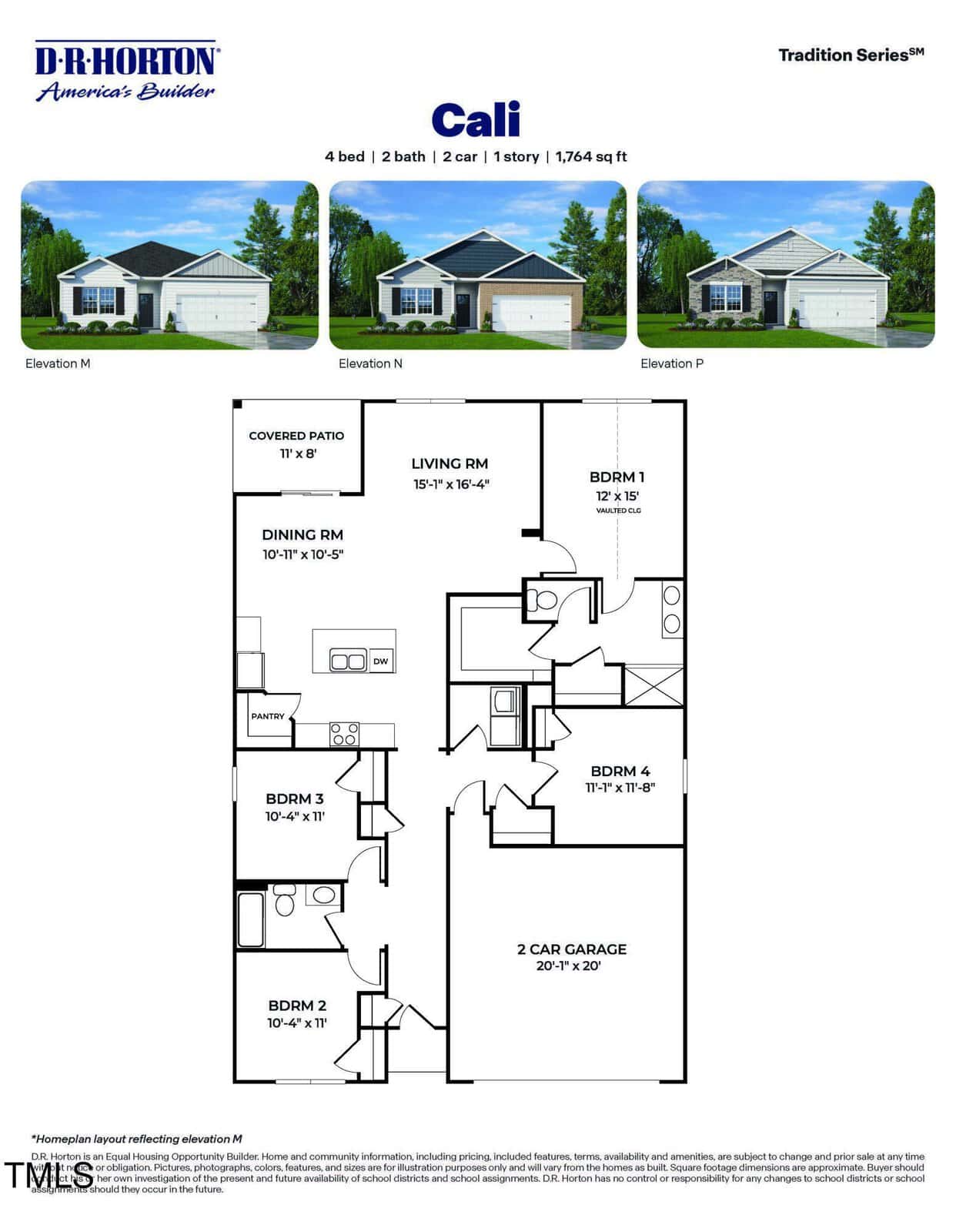 Floor plan and three exterior options for a single-story, 4-bedroom, 2-bath house with a 2-car garage. Includes labeled rooms: living, dining, kitchen, bedrooms, bathrooms, and covered patio. D.R. Horton branding at the top.