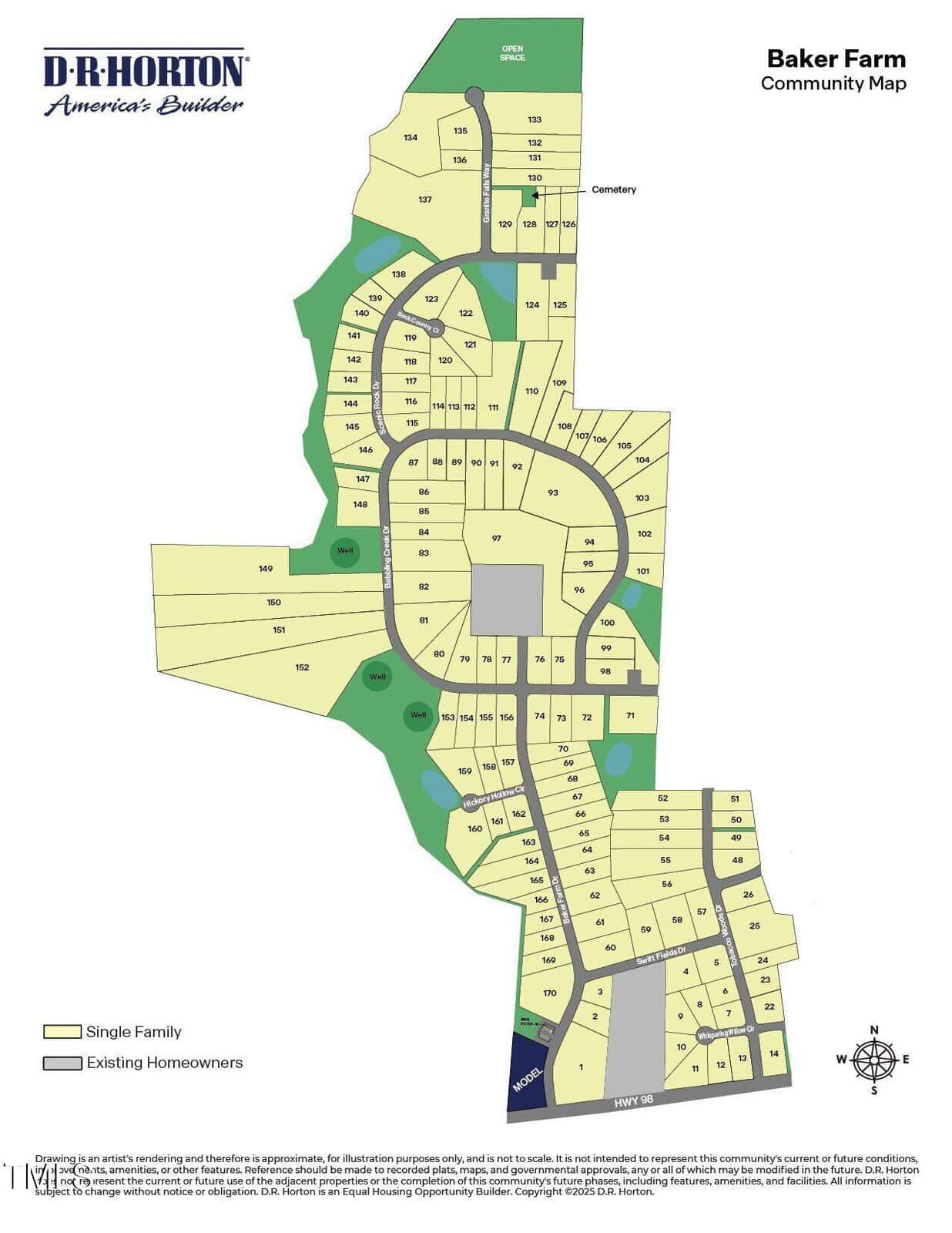 A labeled map of Baker Farm community showing numbered lots, roads, and designations for single family homes and existing homeowners. A compass rose is in the lower right corner. The D.R. Horton logo is at the top left.