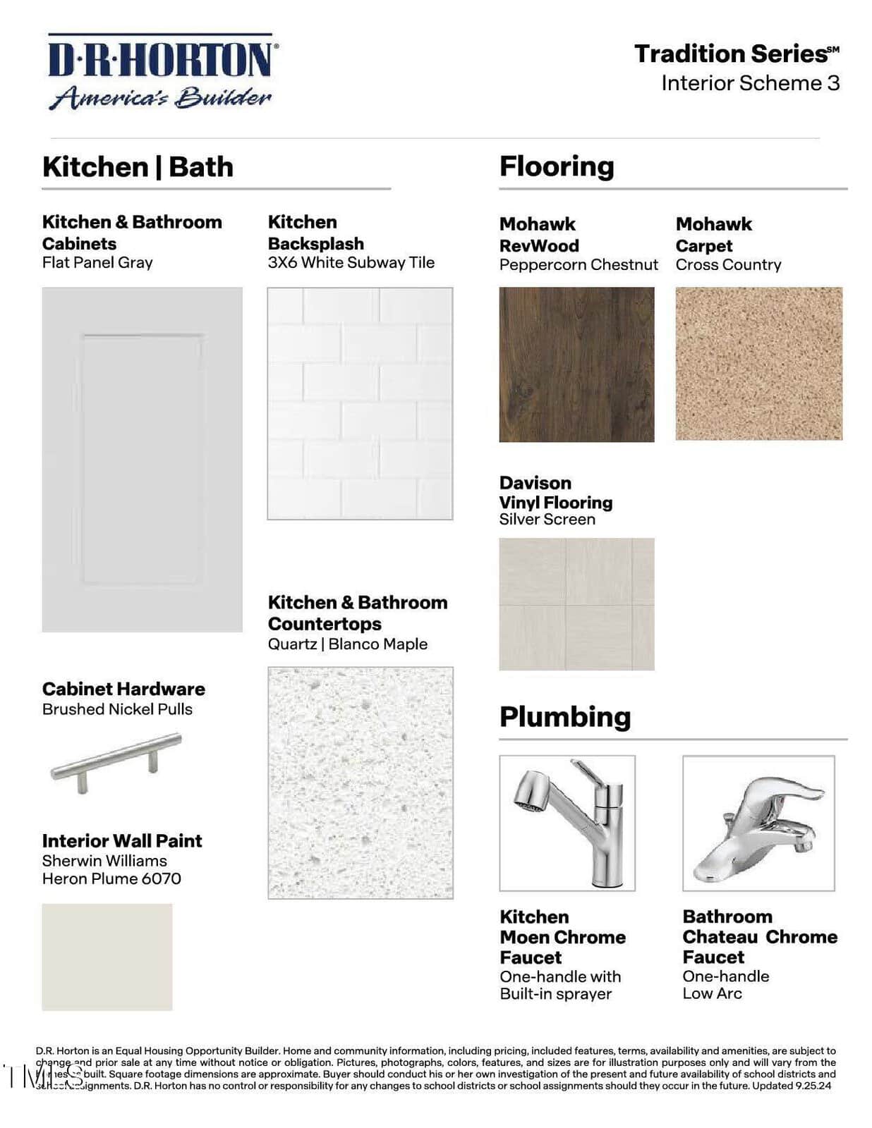 A design board showing kitchen, bath, flooring, and plumbing finishes: gray cabinets, white subway tile backsplash, brushed nickel hardware, white quartz countertops, peppercorn carpet, vinyl flooring, and chrome faucets.