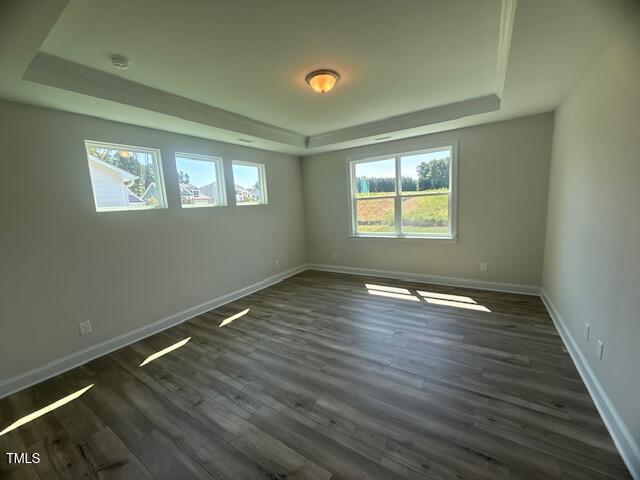 Empty room with light gray walls, tray ceiling, wood-style flooring, three small windows on one wall, and a larger window on another wall. Sunlight streams in, illuminating the floor and walls.