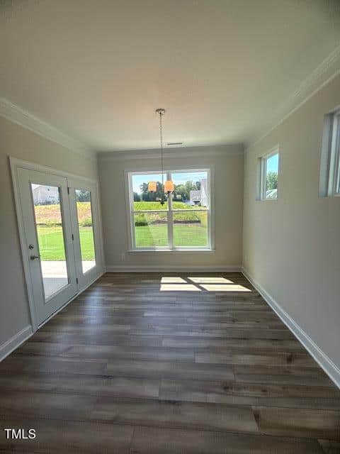A bright, empty room with light wood flooring, large windows, two small side windows, a glass door, and a simple ceiling light fixture. Sunlight streams in, illuminating the space.