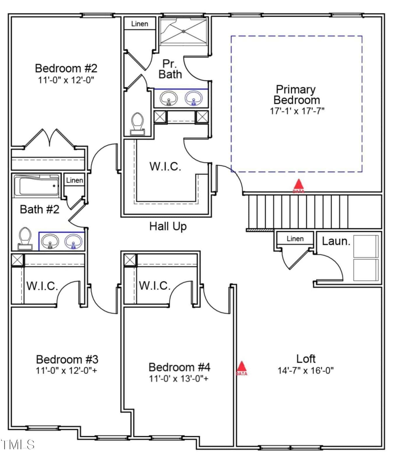 Second floor house plan with four bedrooms, three bathrooms, two walk-in closets, a loft, two linen closets, a laundry area, and a hallway. Stairs are shown leading up from the lower floor. Dimensions are labeled for each room.