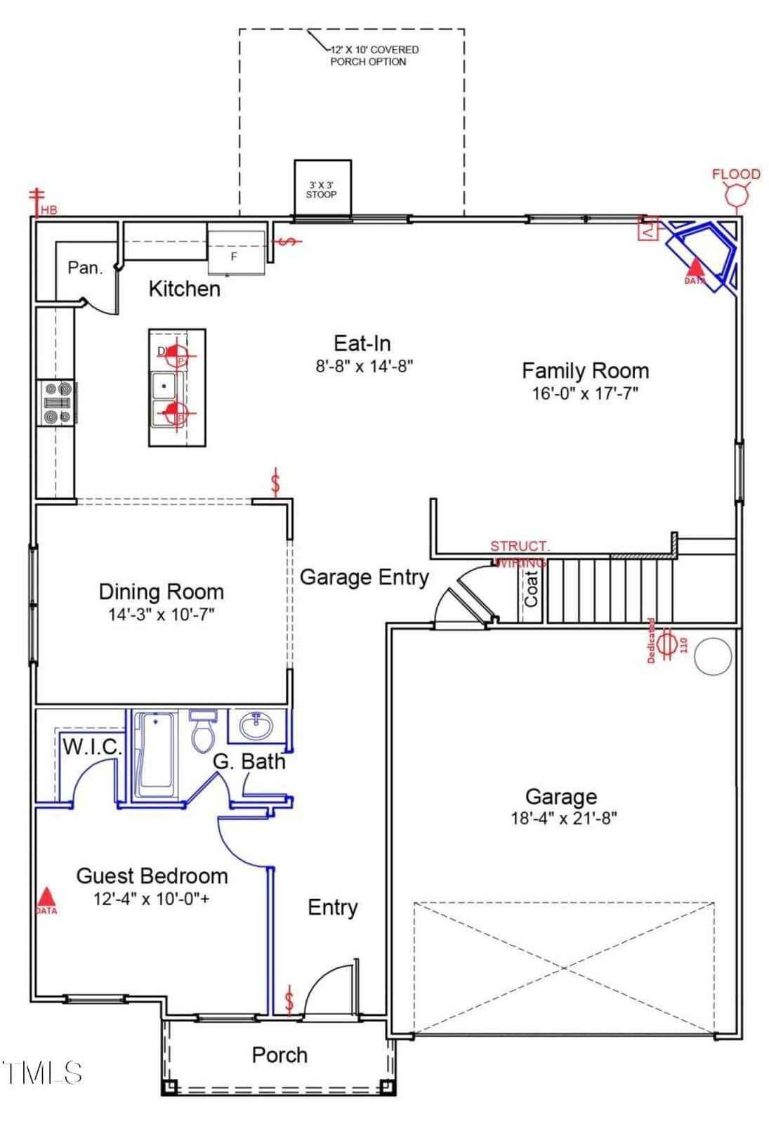 First floor plan showing kitchen, eat-in area, family room, dining room, guest bedroom with bath, porch, garage, and entry. Labels and room measurements are included. Stairs and storage areas are marked.