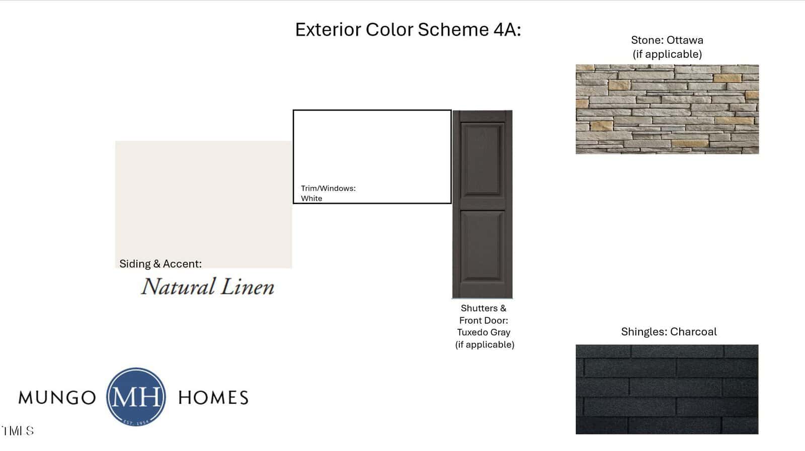 Exterior home color scheme features Natural Linen siding, white trim, Tuxedo Gray shutters and front door, Ottawa stone accent, and Charcoal shingles. Includes Mungo Homes logo at bottom left.