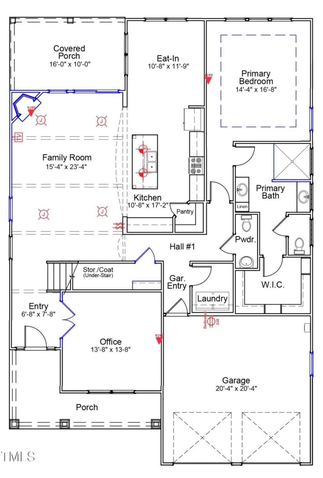 A black and white floor plan of a single-story house showing rooms including a garage, office, kitchen, eat-in area, family room, primary bedroom with bath and walk-in closet, laundry room, pantry, and two porches.
