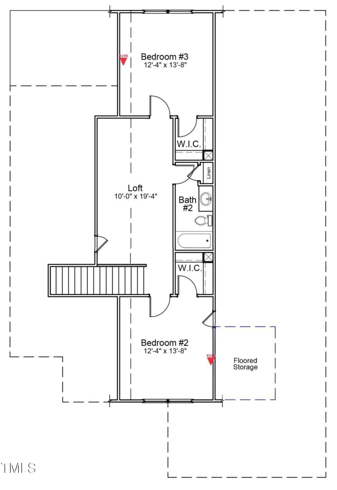 Second floor plan showing a loft, two bedrooms with walk-in closets, a shared bathroom, stairs, and a floored storage area. Room and area dimensions are labeled.