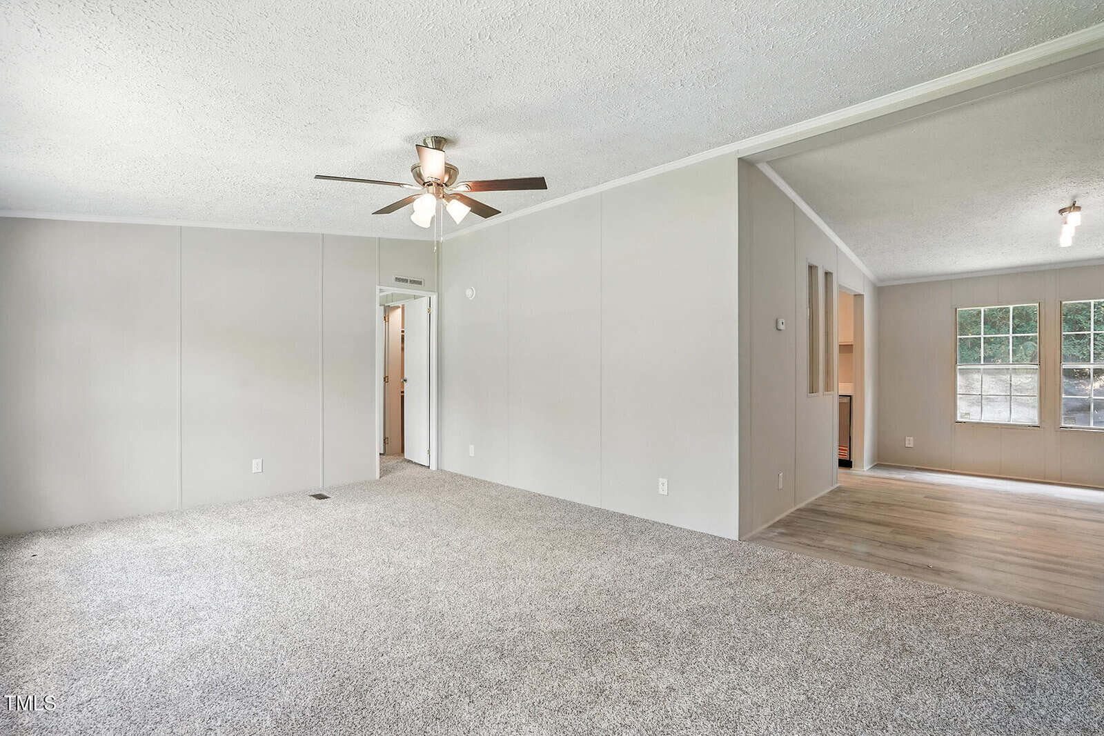 A spacious living room with light gray walls, carpeted flooring, a ceiling fan with lights, and an open doorway leading to another room with wood-look flooring and large windows.