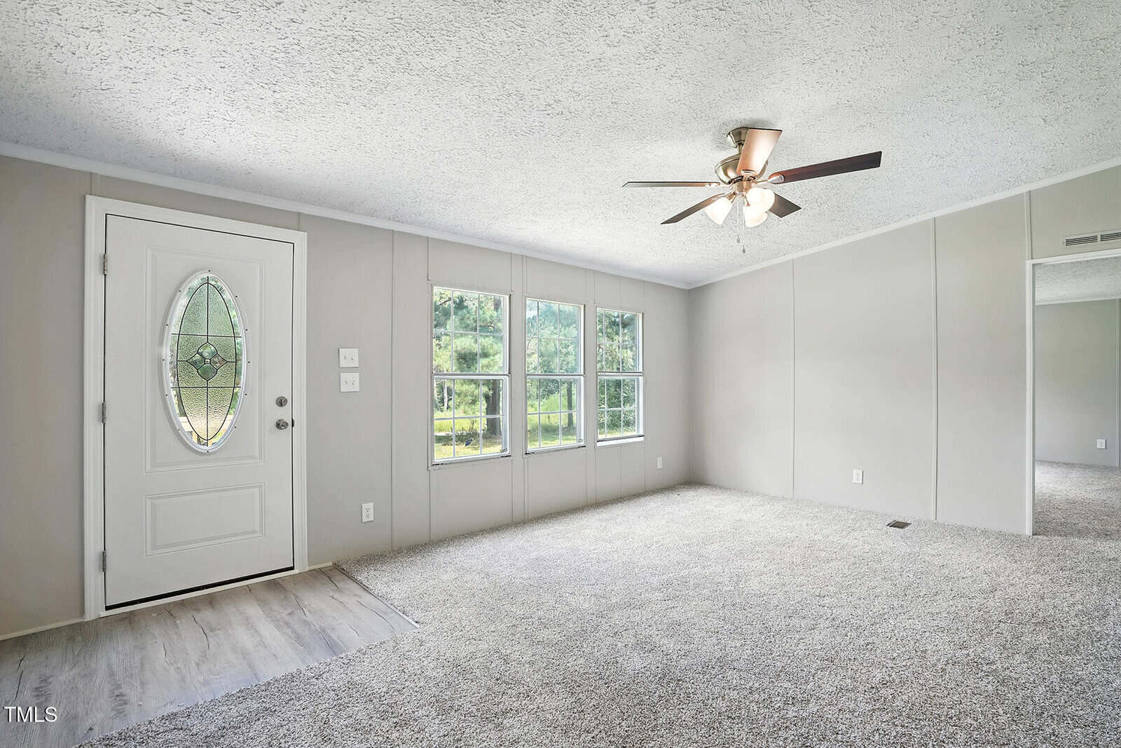 A bright, empty room features light gray walls, a white front door with an oval window, three large windows, a ceiling fan with lights, and carpeted flooring. A section of the floor near the door is vinyl.