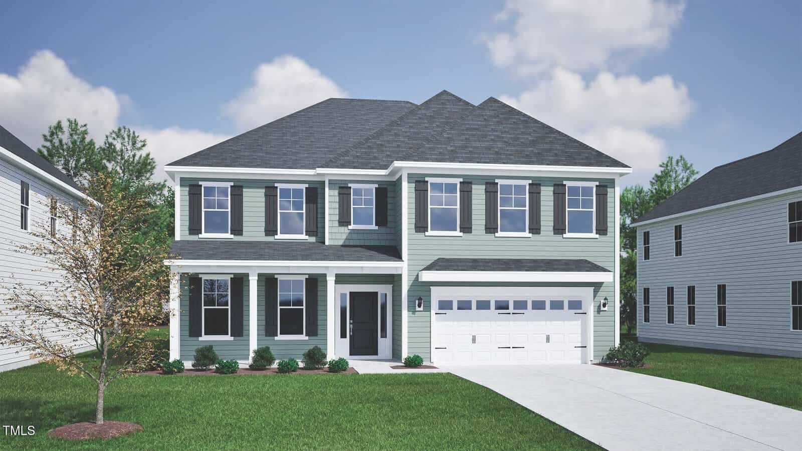 A two-story light blue house with white trim, dark shutters, and a double garage. It has a covered front porch, green grass lawn, small tree, and is set under a partly cloudy sky.