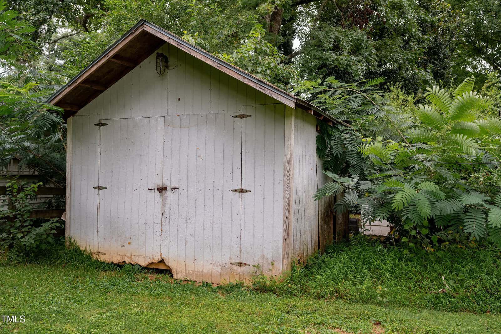 A small, weathered white shed with double doors sits in a grassy yard, surrounded by tall green plants and trees.