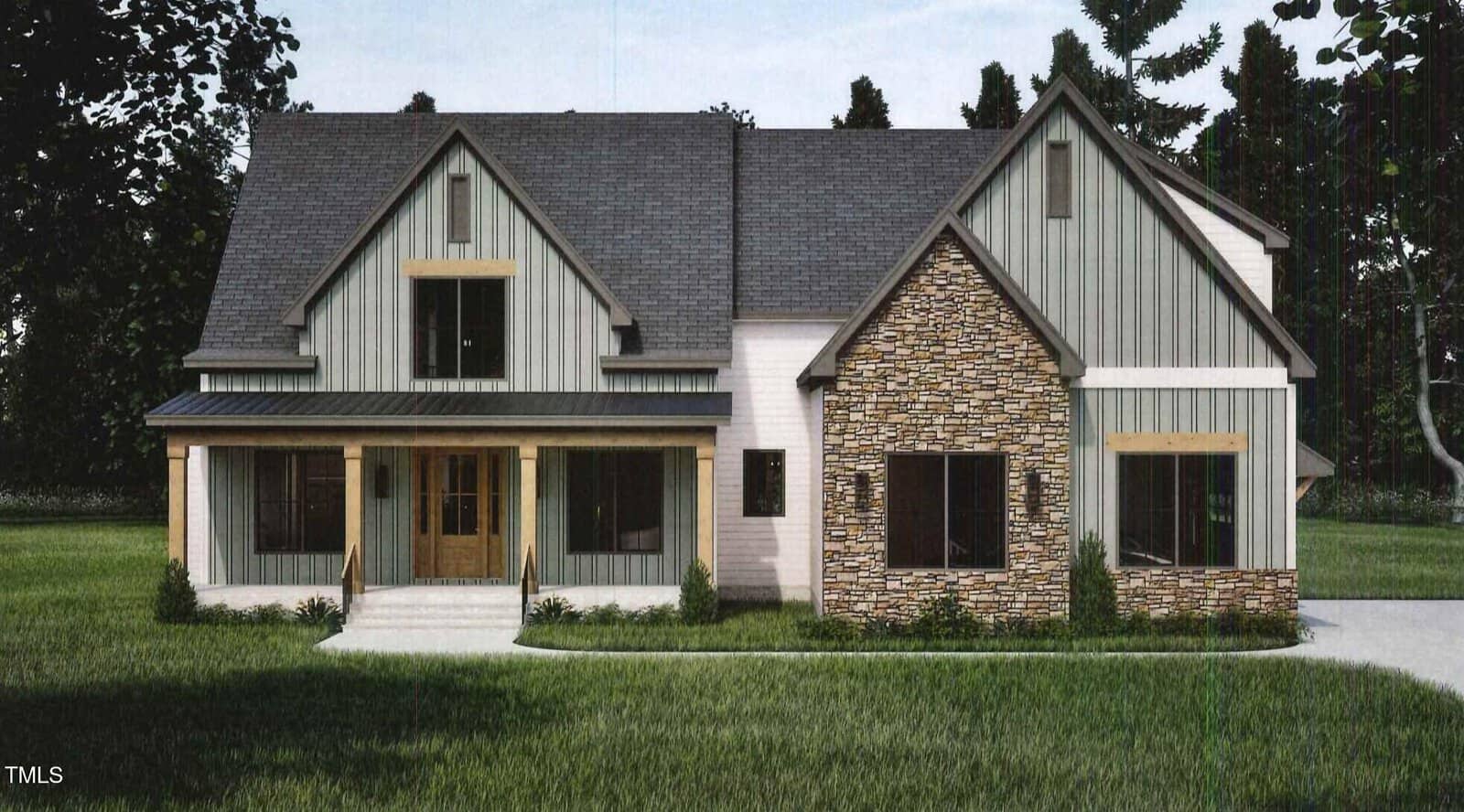 A modern farmhouse with gray siding, stone accents, a covered front porch, large windows, and a dark roof, surrounded by green grass and trees in the background.