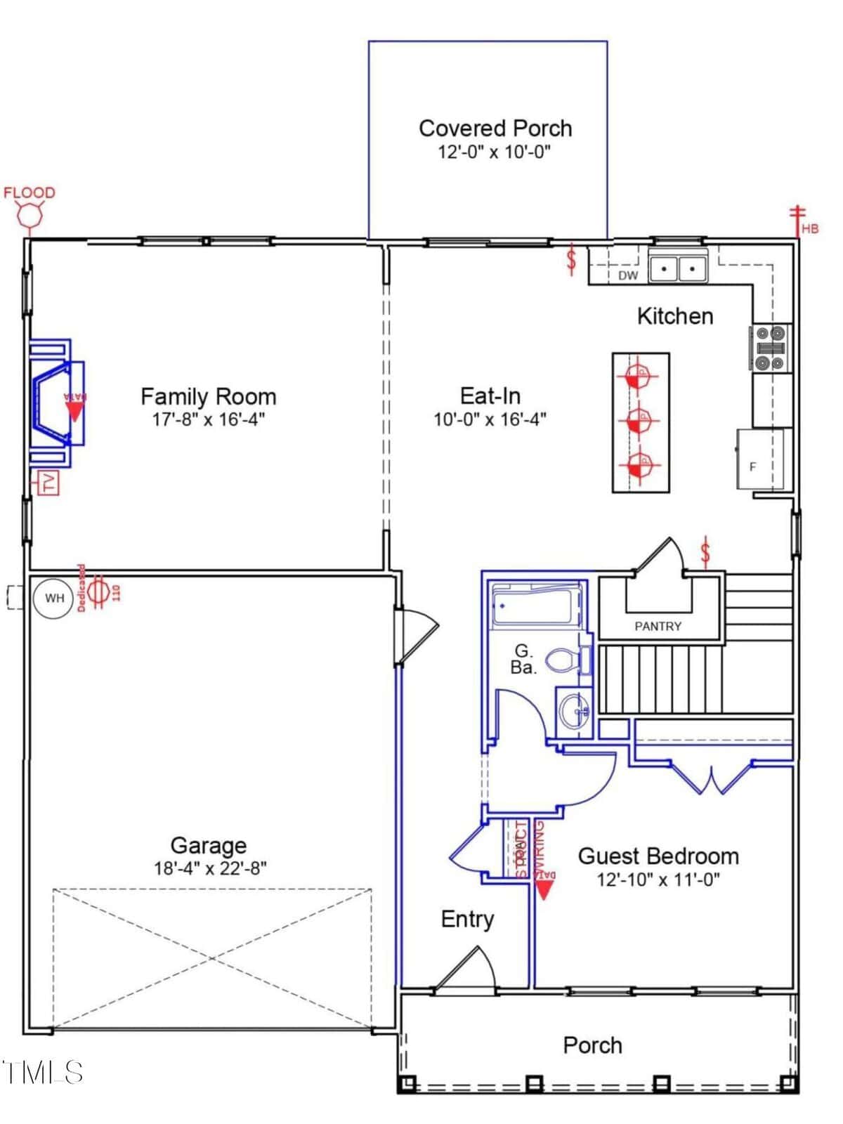 First-floor plan showing a garage, family room, eat-in kitchen, covered porch, pantry, guest bedroom, guest bathroom, entry area, and porch. Doors, windows, and dimensions are labeled throughout the layout.