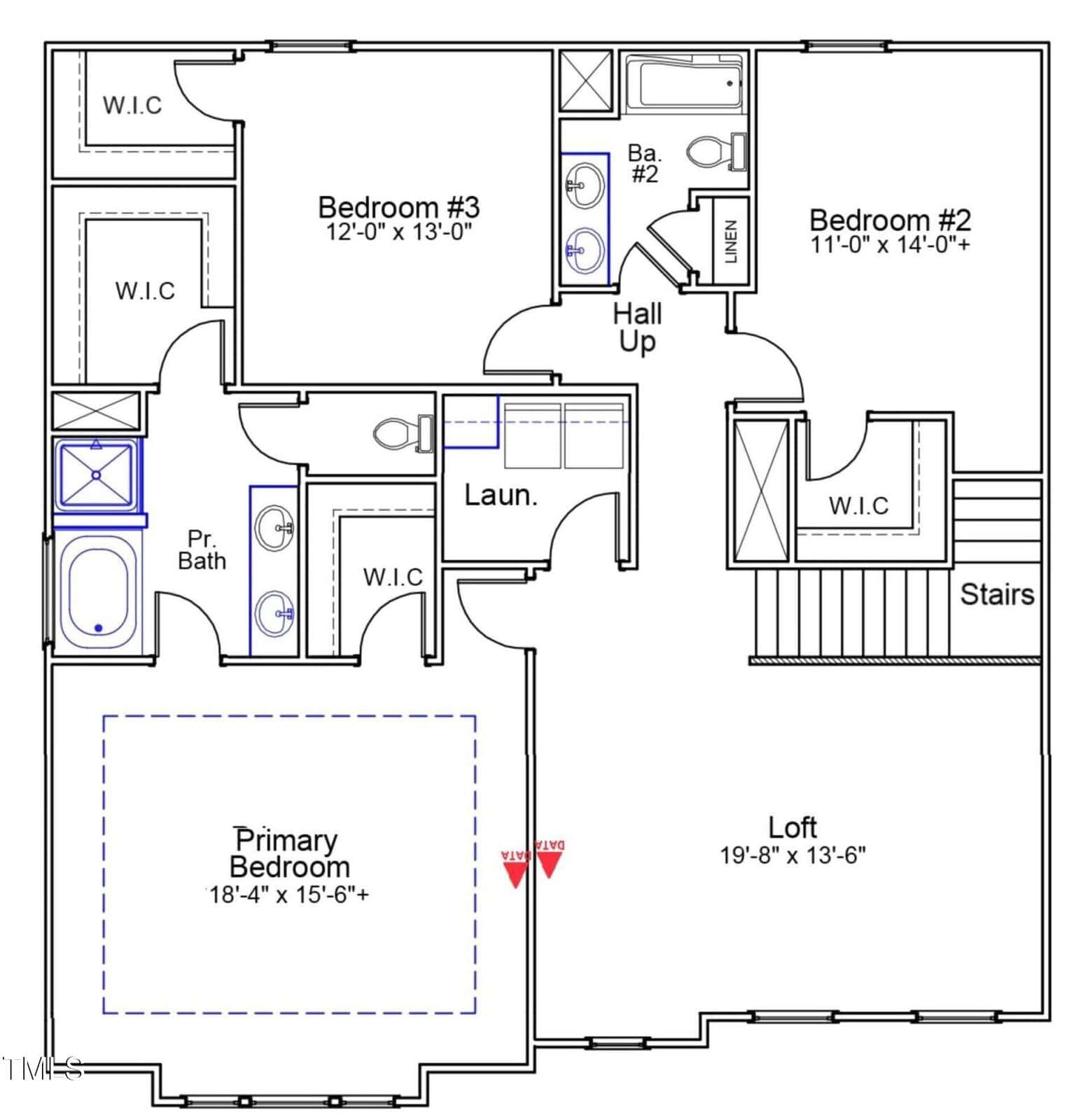 Second floor layout featuring three bedrooms, three bathrooms, a laundry room, walk-in closets, a loft, and stairs. The primary bedroom is large with an attached bathroom and two closets; other bedrooms have walk-in closets as well.