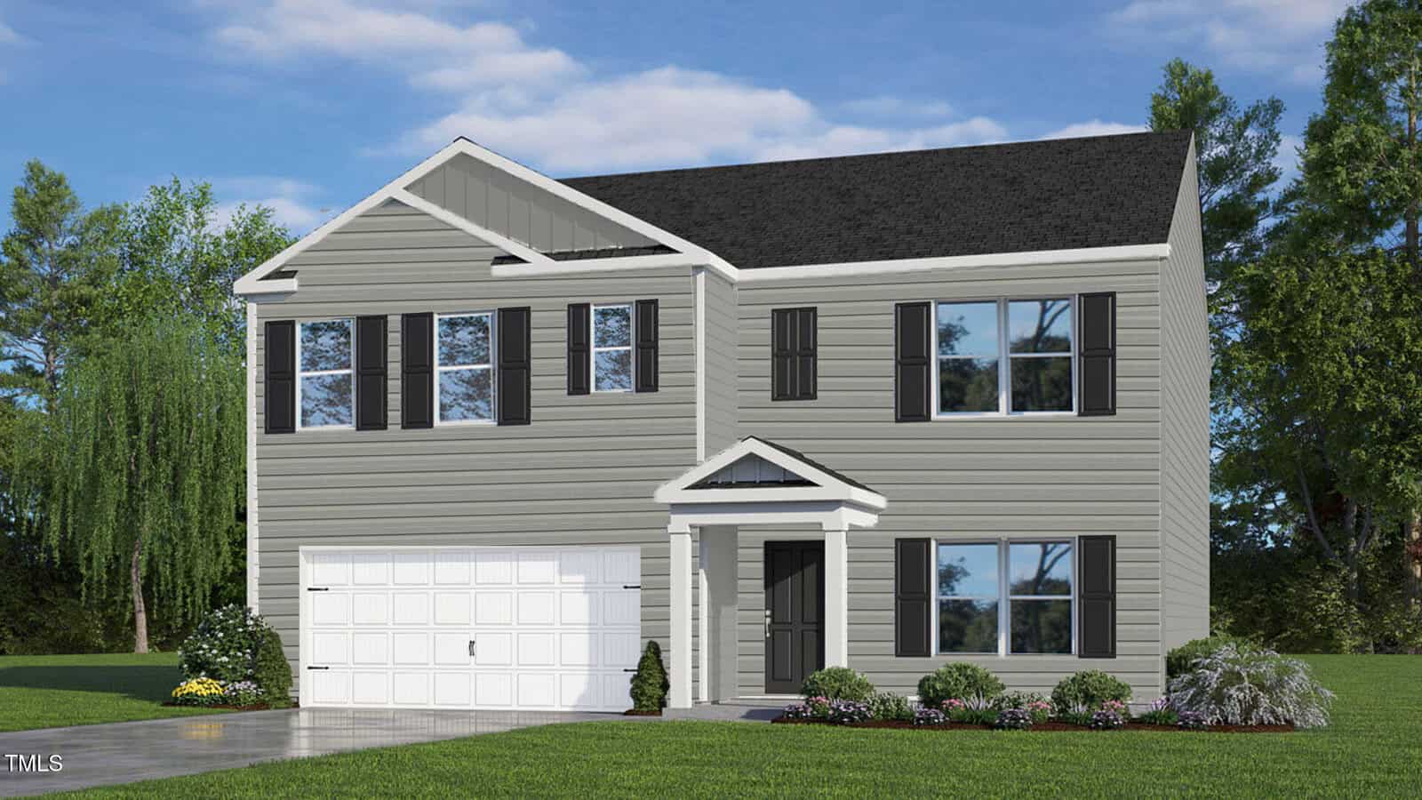 Located at 119 Ross Drive in Stem, this two-story suburban house features gray siding, black shutters, a black roof, a white double garage, a small front porch, and neatly trimmed landscaping with green grass and shrubs.