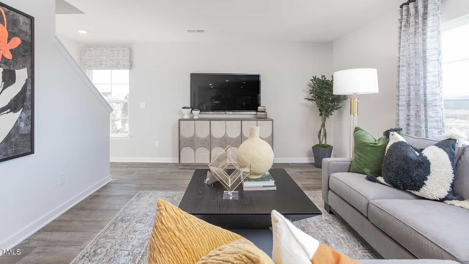 A modern living room with a gray sofa, patterned pillows, a black coffee table with decorative objects, a TV on a wooden console, a large plant, and light-colored walls with windows and curtains.