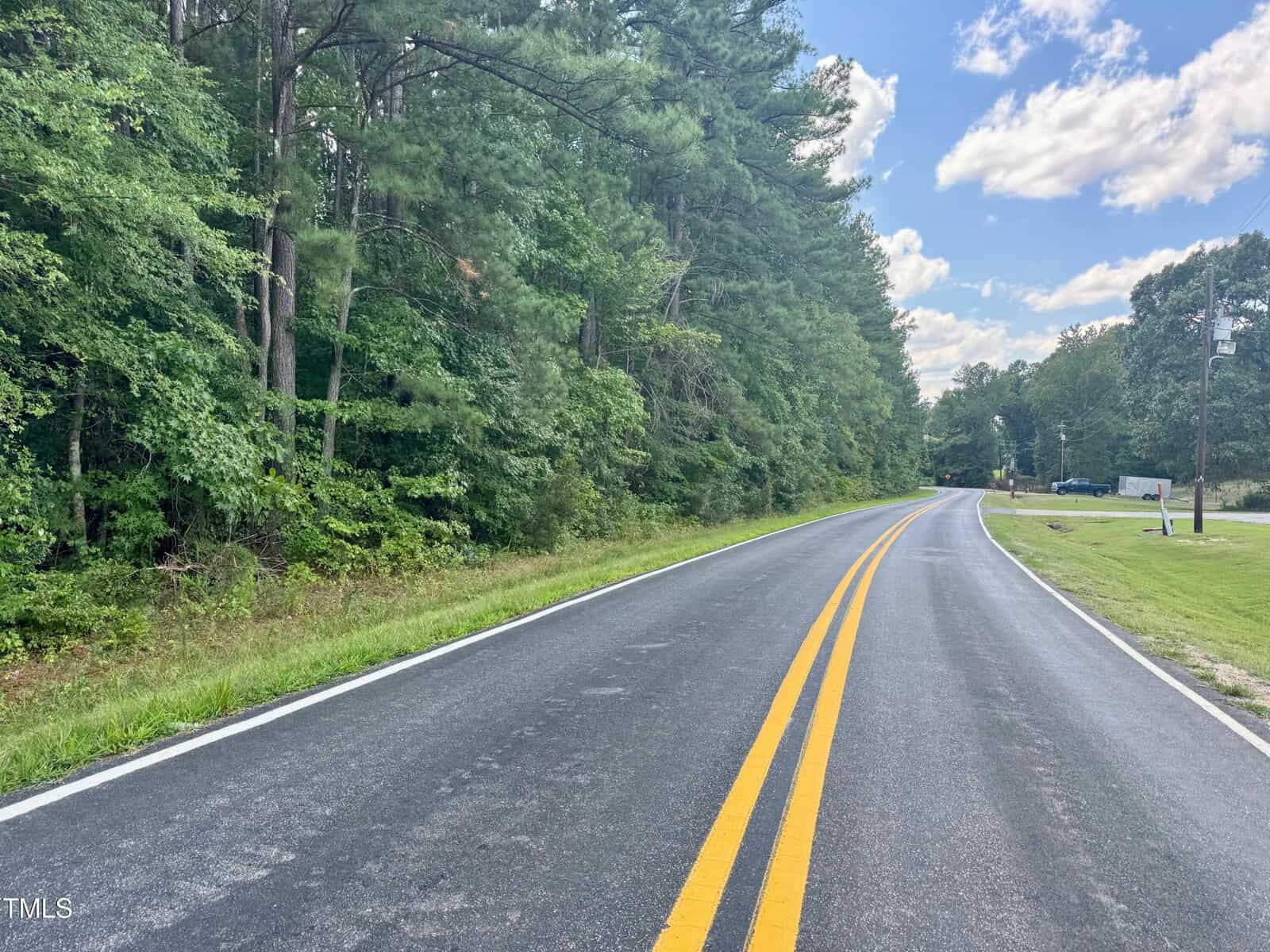 A two-lane asphalt road with double yellow lines curves gently through a wooded area with tall green trees on the left and a grassy area on the right under a partly cloudy sky.