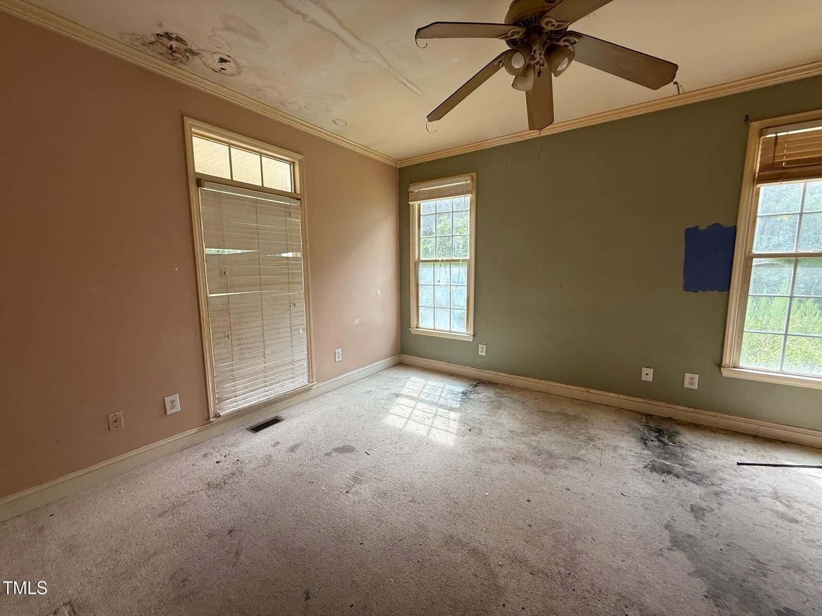 Empty room with beige walls, some paint discoloration and damage, two large windows, a glass door with blinds, a ceiling fan, and stained carpet with visible water damage near the windows.