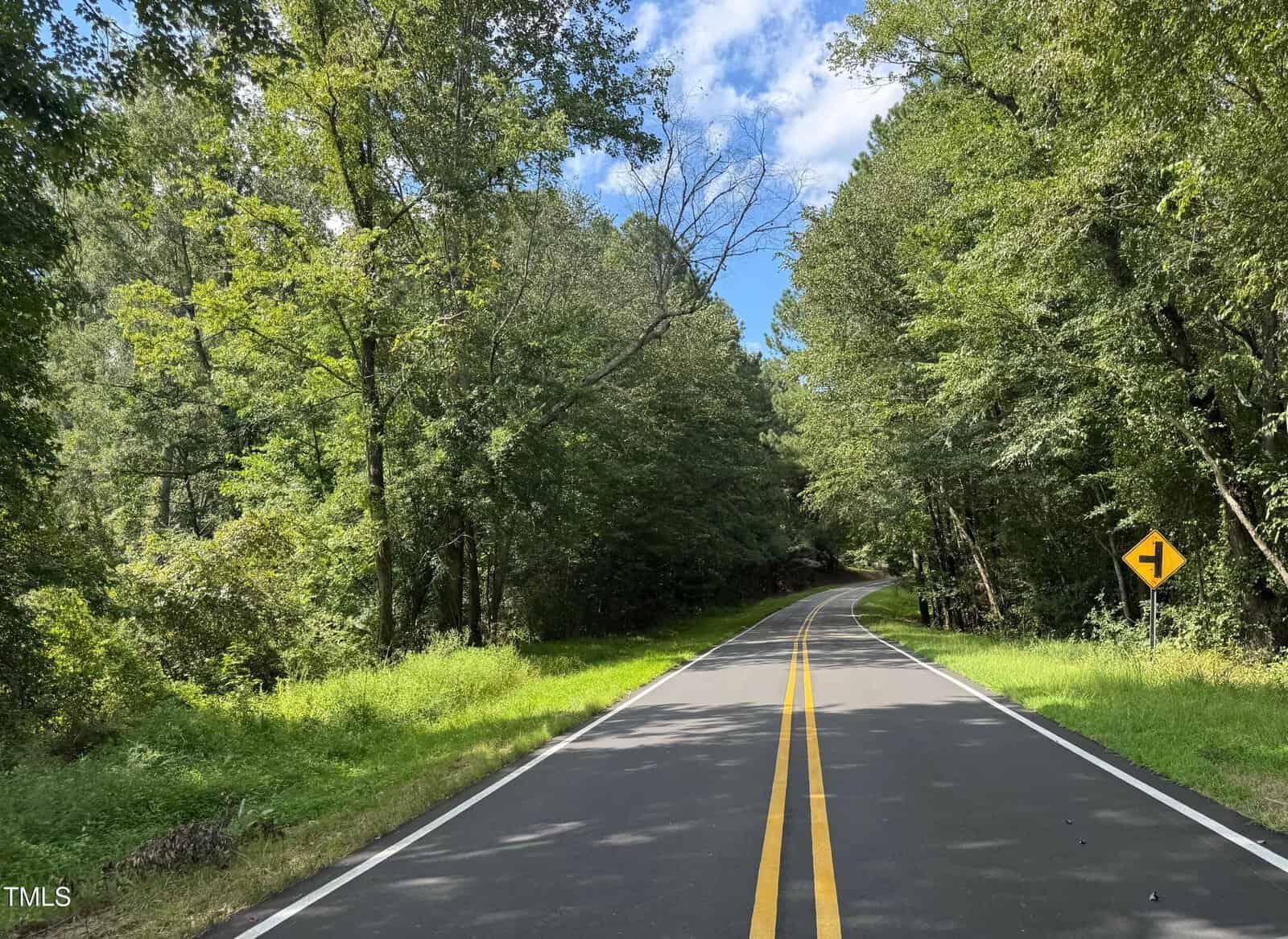 A two-lane paved road with double yellow lines curves to the left, surrounded by dense green trees. A yellow road sign on the right indicates a leftward bend ahead. The sky is partly cloudy.