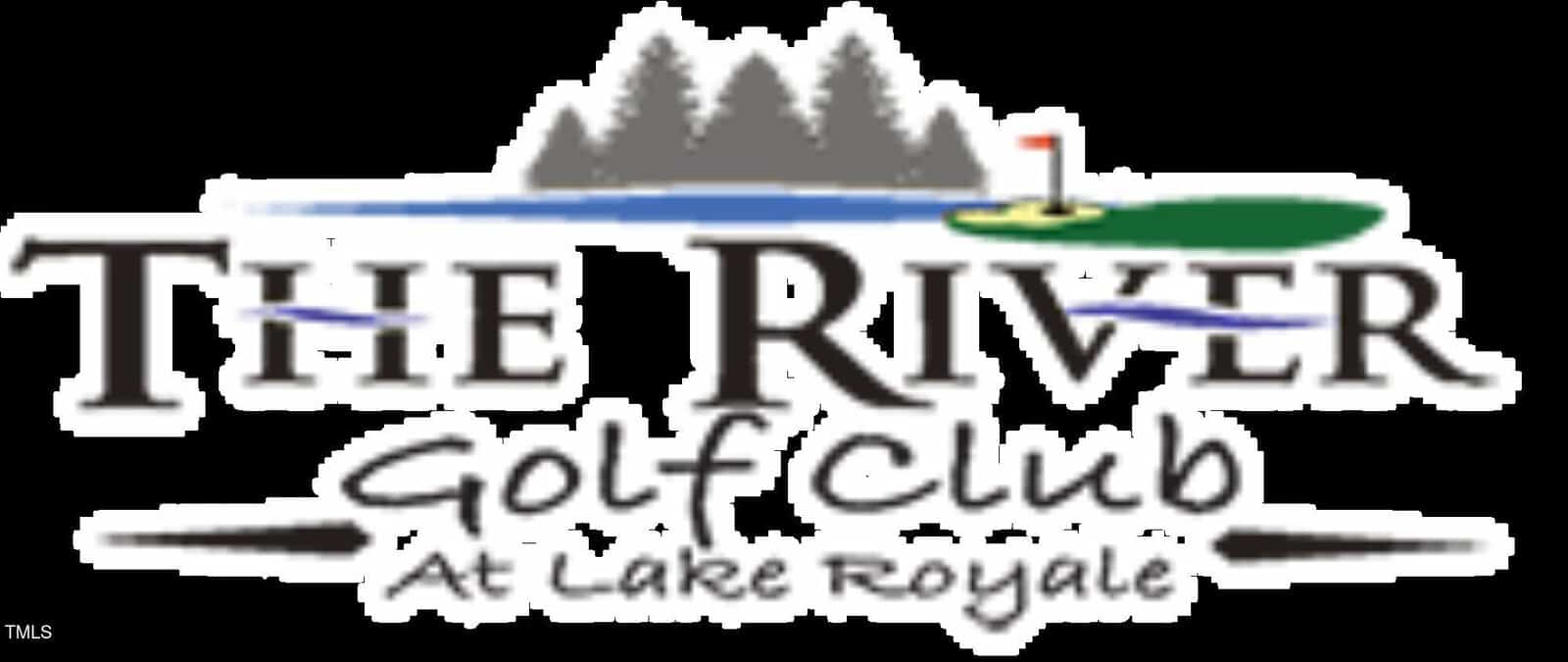 Logo for The River Golf Club at Lake Royale, featuring trees, water, a golf green with a flag, and stylized text.