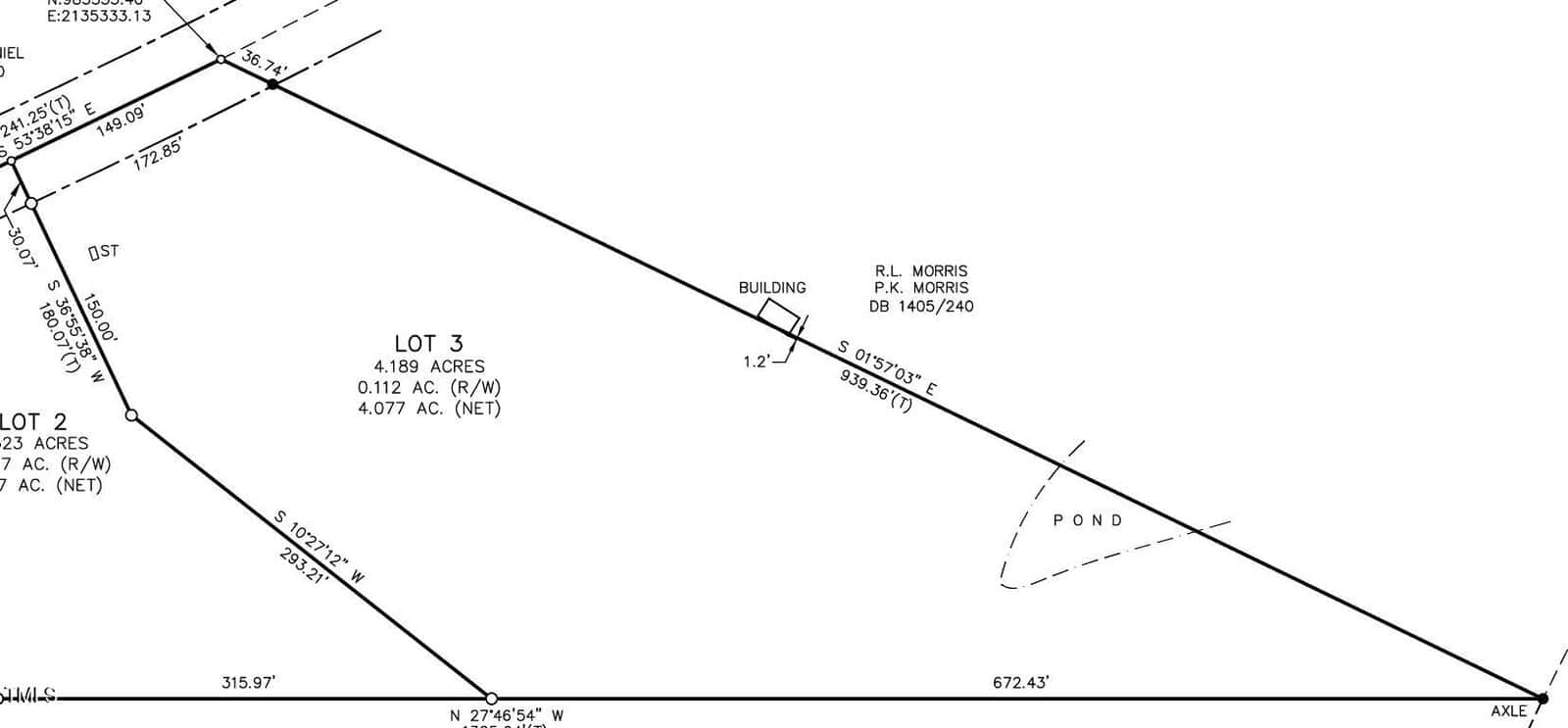 A black and white land survey map shows property boundaries, labeled as Lot 2 and Lot 3 with acreage details, a building, a pond outline, and various measurements and directional bearings.