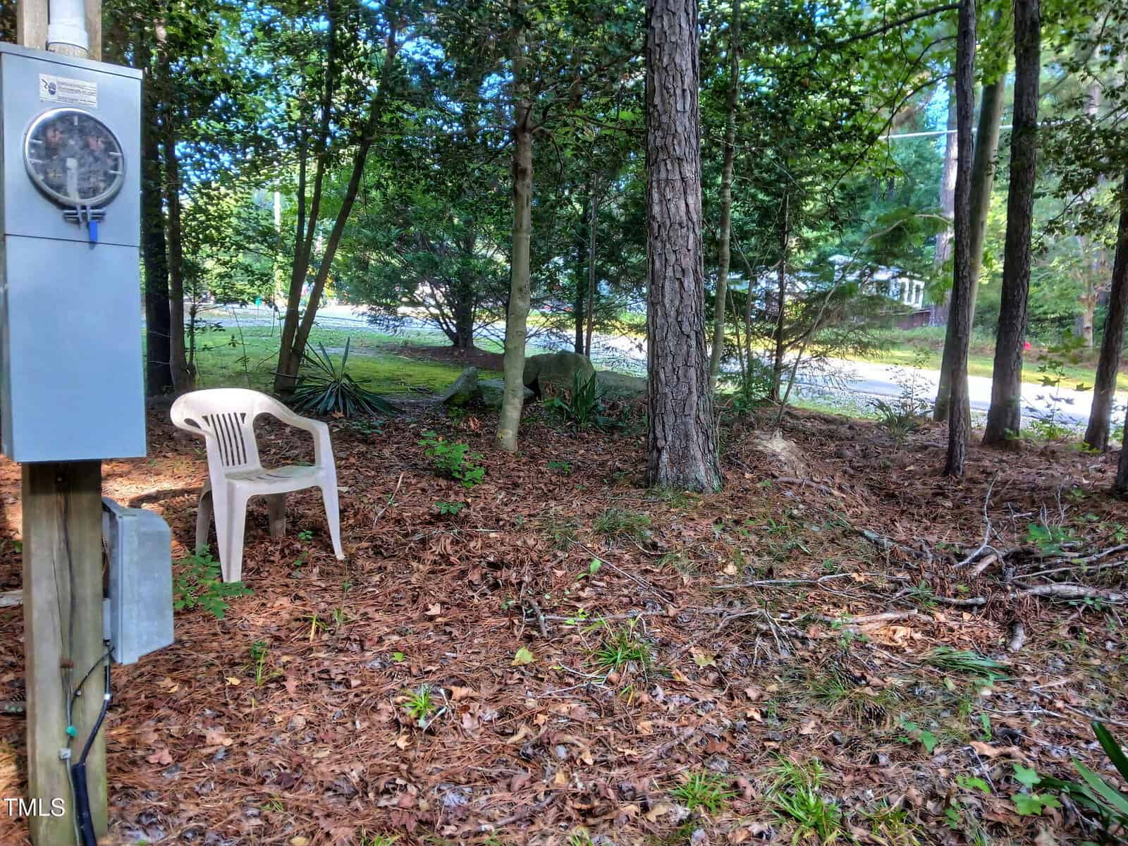 A white plastic chair sits on pine needle-covered ground in a wooded area near a utility meter. Tall trees and shrubs fill the background, with a road visible through the trees.