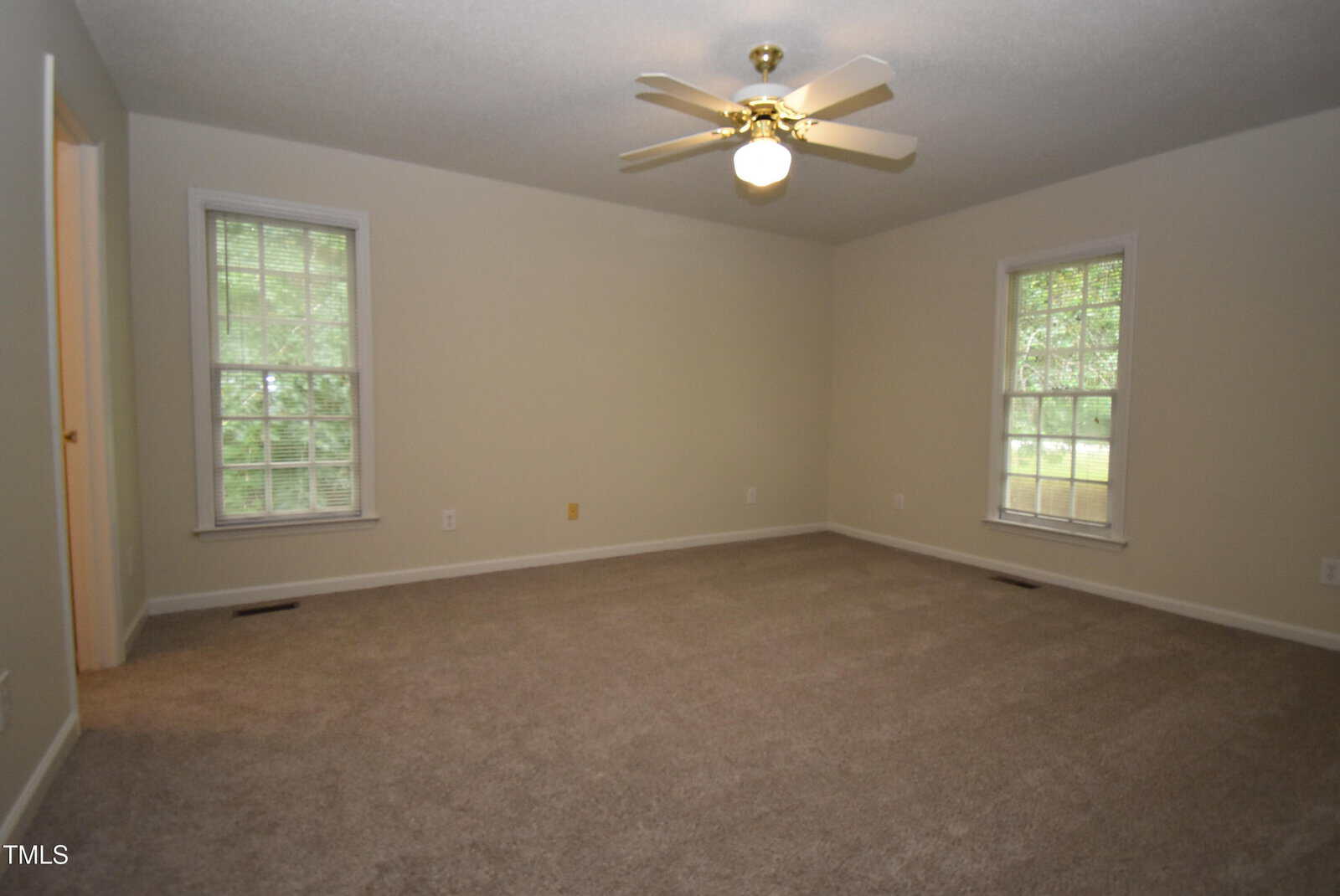 A spacious, empty room with beige carpet, light-colored walls, two large windows, and a ceiling fan with a light fixture. Natural light enters through the windows, and there is a door visible on the left side.