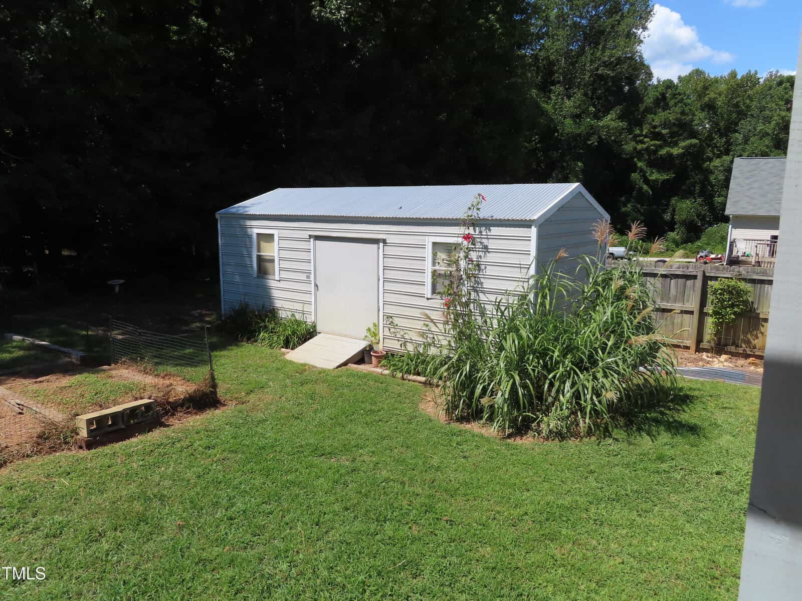 A white metal shed with a ramp sits in a grassy backyard, surrounded by tall grass and plants. A wooden fence and trees border the yard. Bright sunny day with blue sky and clouds.