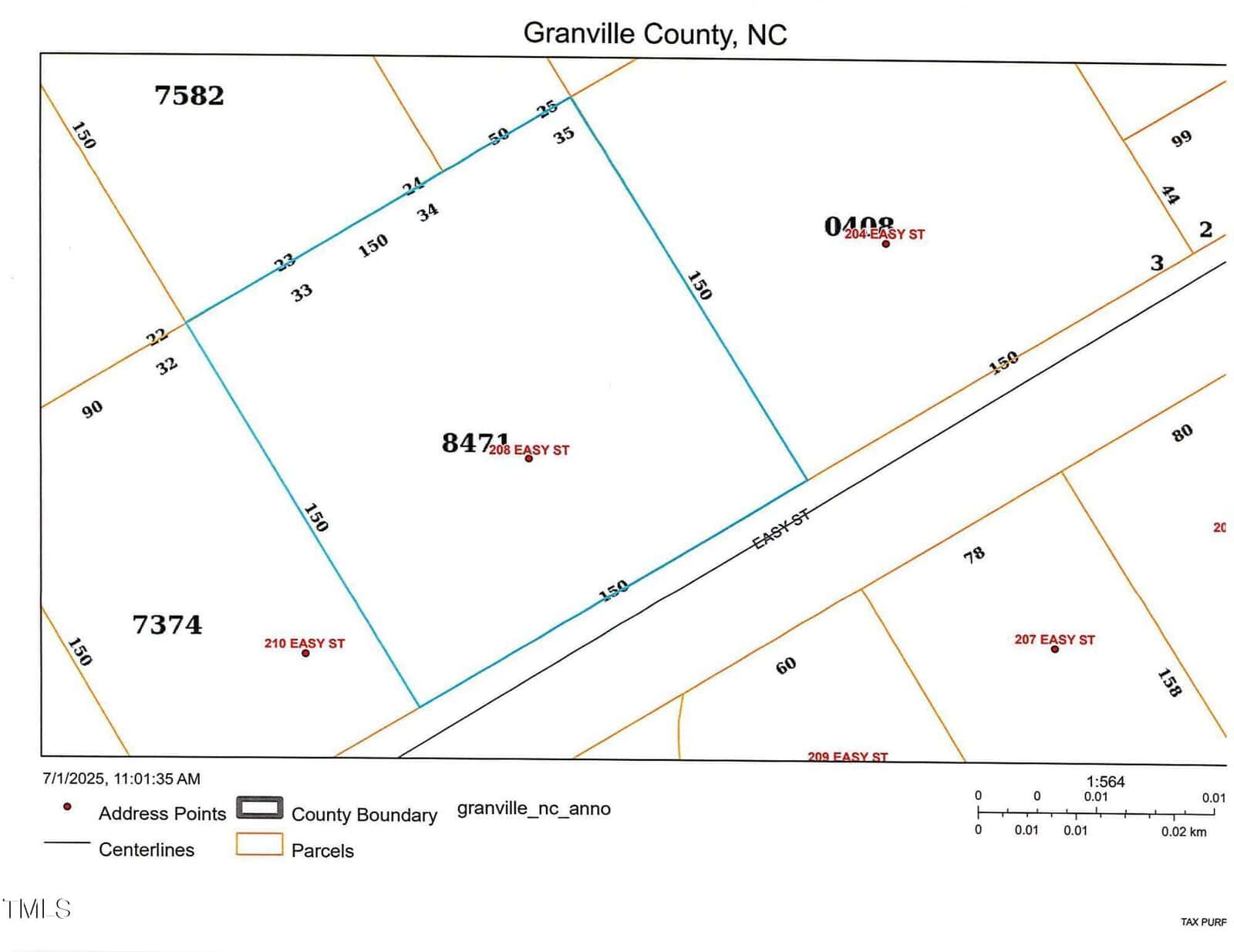A map of parcels in Granville County, NC, showing property boundaries, parcel numbers (7582, 7374, 8474, 0408), address points, street names (Easy St), and scale in feet.