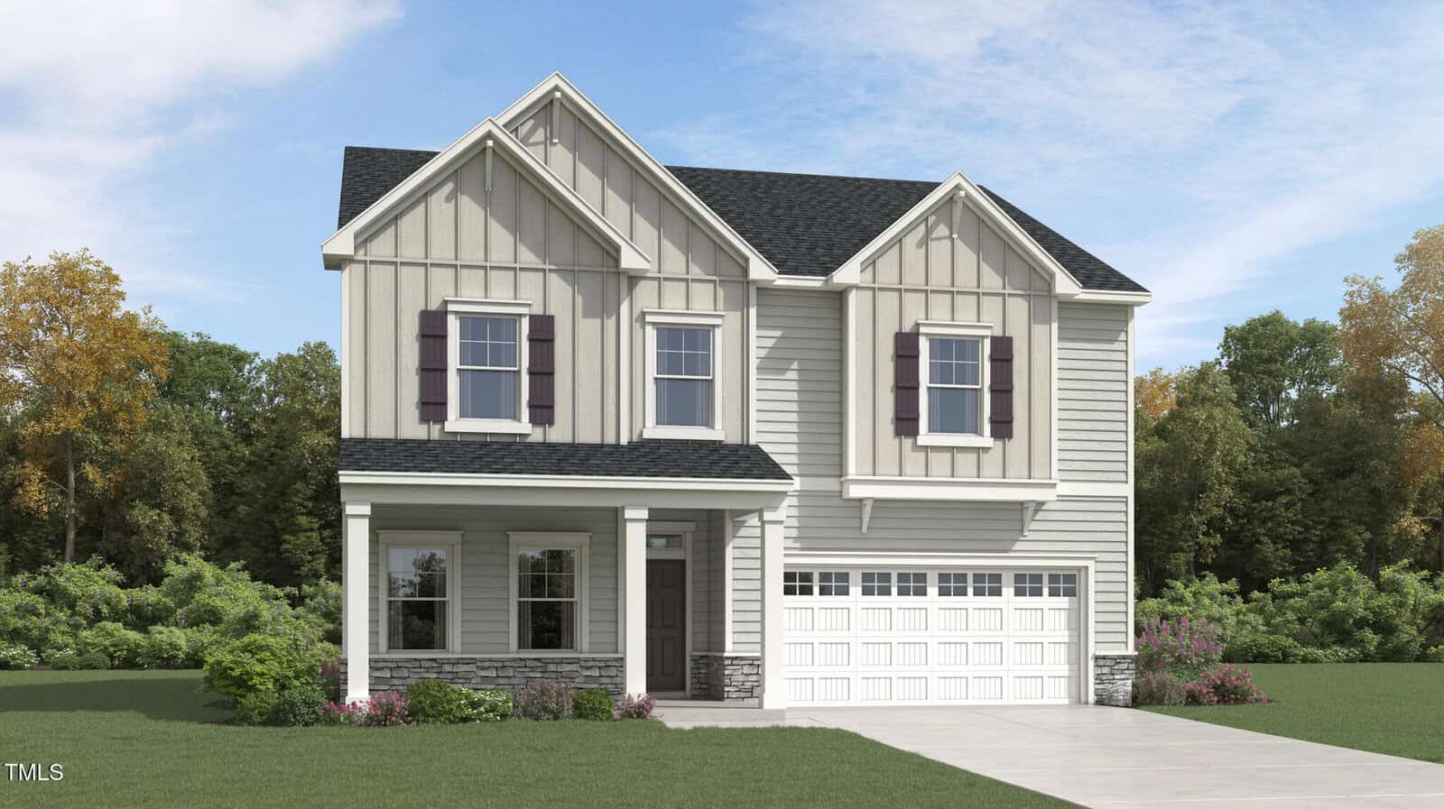A two-story house with light gray siding, dark shutters, and a covered front porch with columns is beautifully located at 95 Turnberry Court in Franklinton. This home features a double garage and driveway, while shrubs and trees add greenery to the background under a partly cloudy sky.