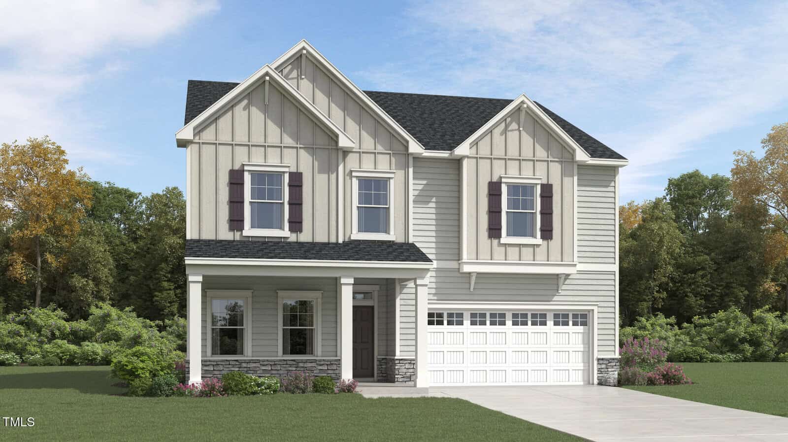 A two-story house at 45 Turnberry Court in Franklinton features light gray vertical siding, a black roof, white trim, dark shutters, and a spacious two-car garage. The front yard includes grass, small bushes, and a concrete driveway, with mature trees in the background.