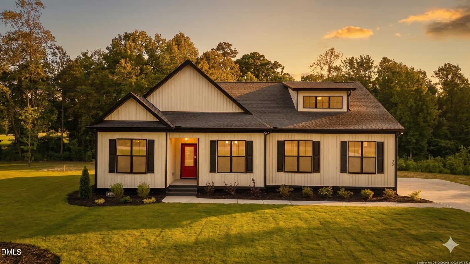 A modern farmhouse-style home at 35 Autumnwood Lane, Zebulon, with white siding, black trim, and a red front door sits amid a well-kept lawn and trees in the background, beautifully photographed at sunset.