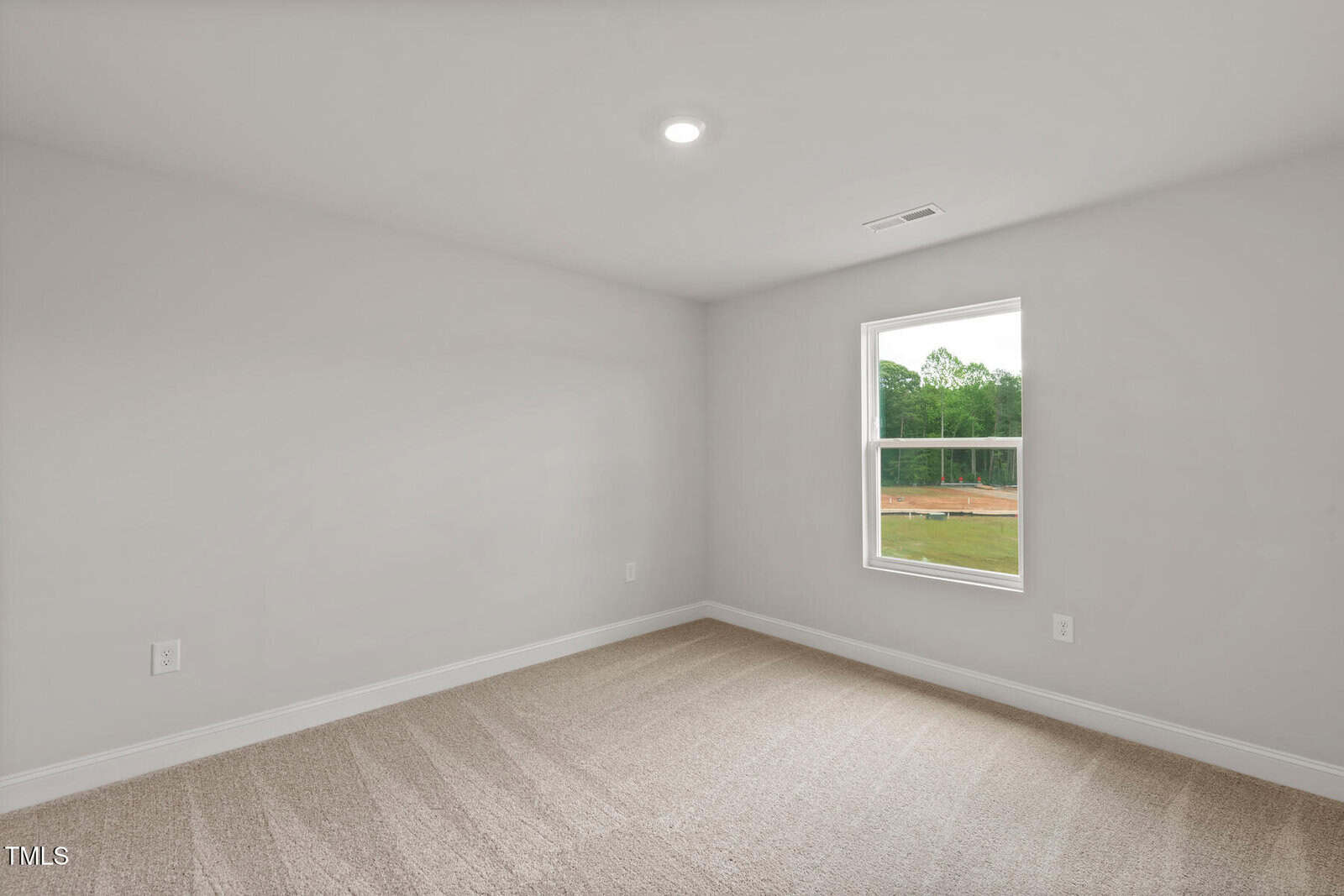 A small, empty room with beige carpet, light gray walls, a single window, ceiling light fixture, and baseboard trim. The window shows an outdoor scene with grass and trees.