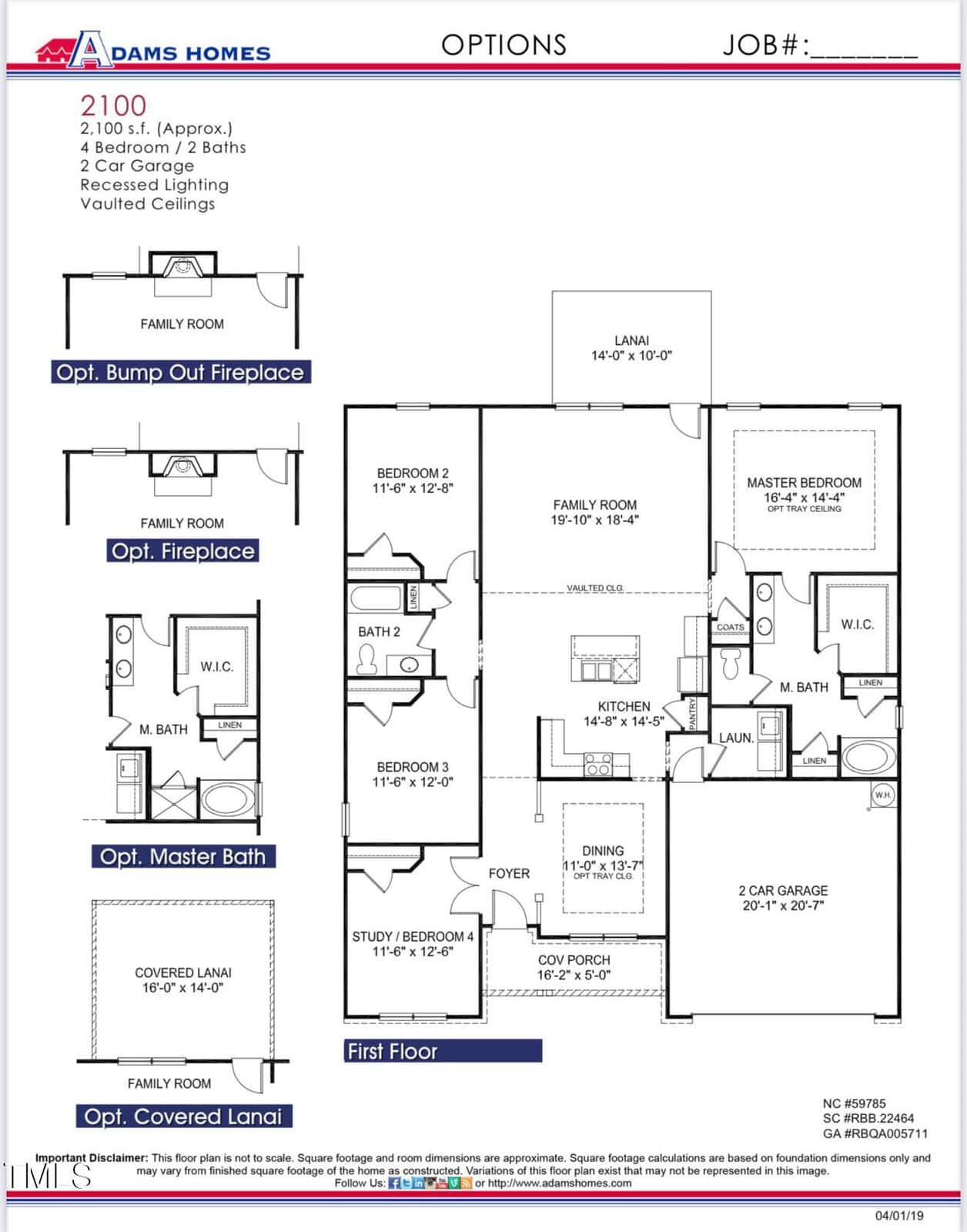 Floor plan for a single-story, 2,100 sq. ft. house with 4 bedrooms, 2 bathrooms, a family room, kitchen, dining area, foyer, laundry, 2-car garage, master bath, and options for fireplace and covered lanai.