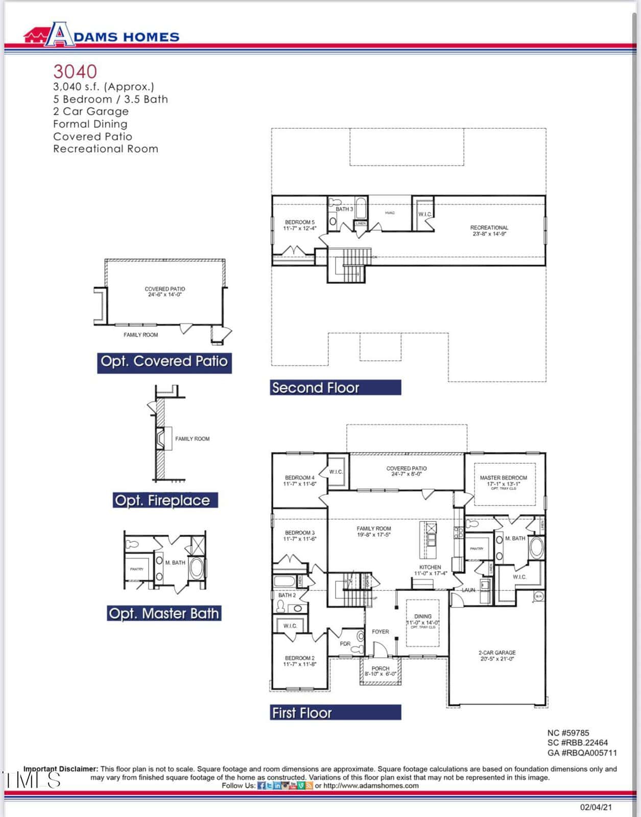 Floor plan for a two-story, five-bedroom, 3.5-bath house. First floor includes kitchen, family room, dining, garage, and master suite. Second floor has four bedrooms, recreational room, and bathroom.
