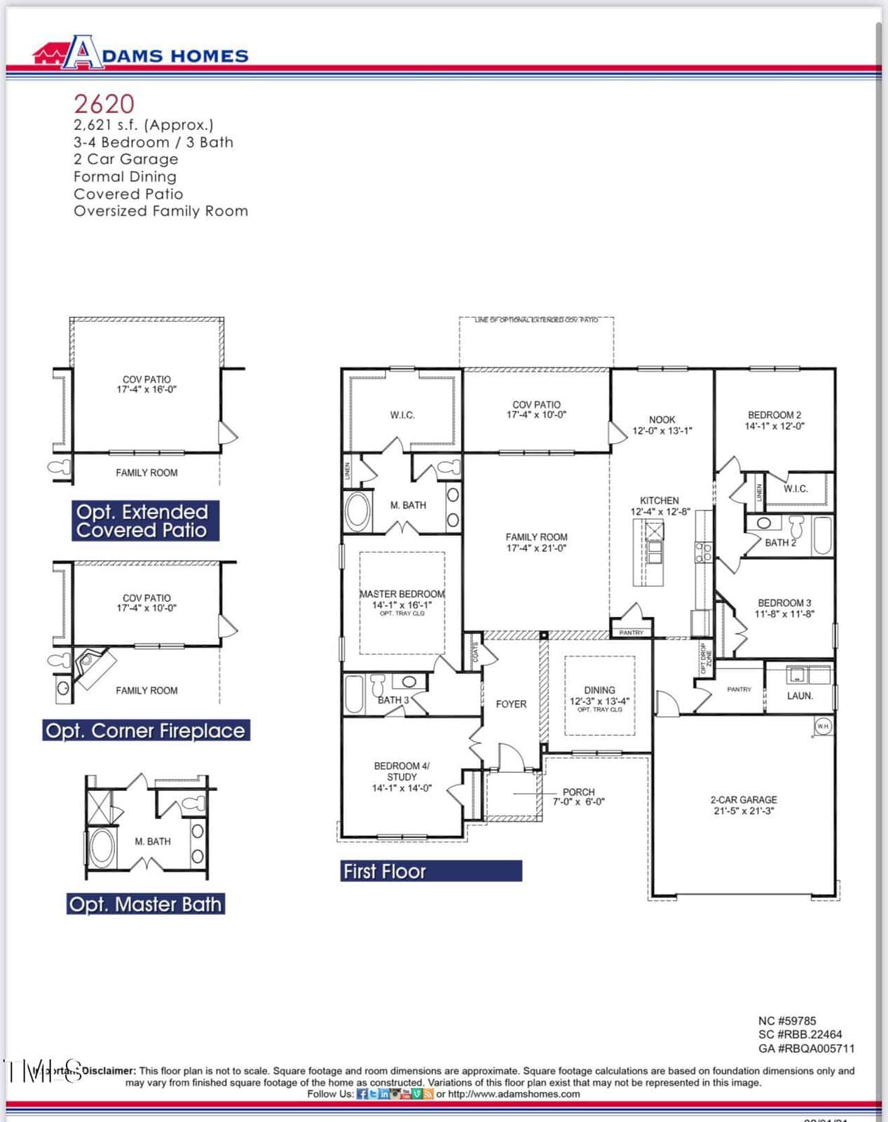 Floor plan for a single-story house showing 3-4 bedrooms, 3 bathrooms, family room, formal dining, covered patio, and 2-car garage. Optional features include covered patio, corner fireplace, and master bath.