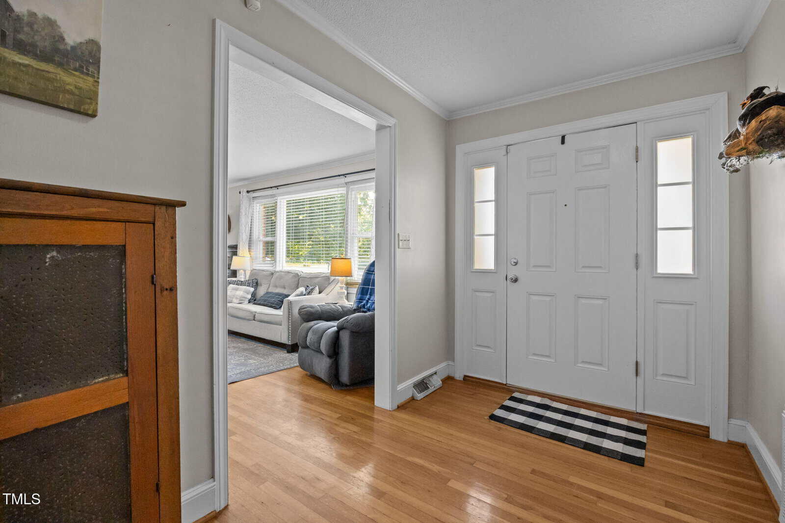 A bright entryway with a white front door, sidelights, and wood flooring. To the left is a wooden cabinet, and an open doorway leads to a living room with a couch, armchair, and large windows.