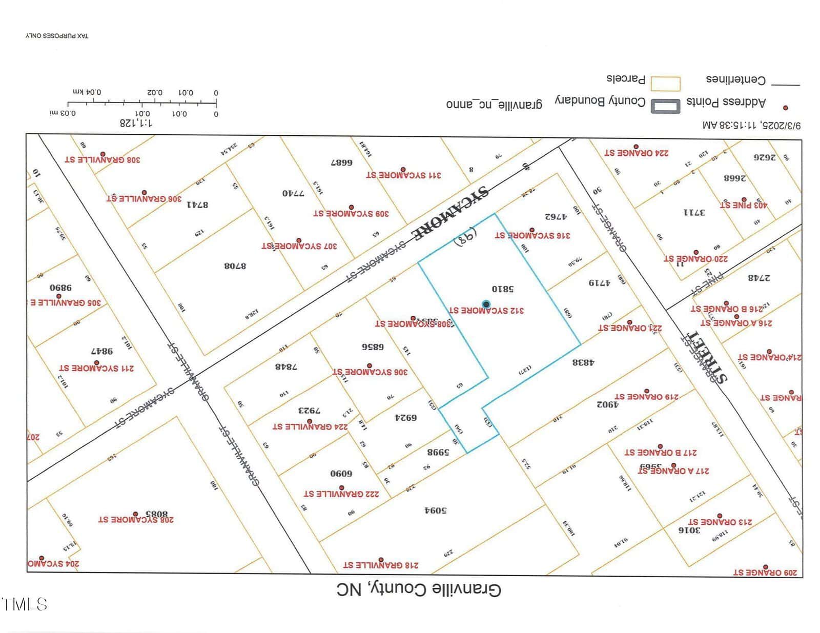 A rotated map of Granville County, NC, showing outlined property boundaries, parcel numbers, and addresses. One parcel is highlighted in blue among neighboring lots. The map includes a legend for symbols and labels.