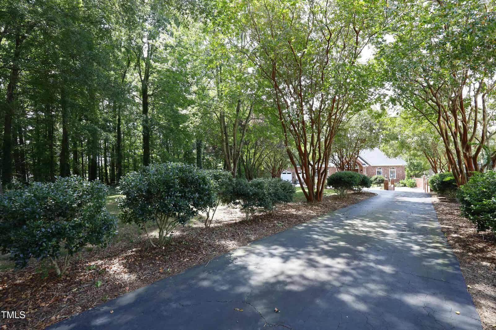 A paved driveway lined with trimmed bushes and tall trees leads to a brick house in the distance, surrounded by greenery and dappled sunlight.