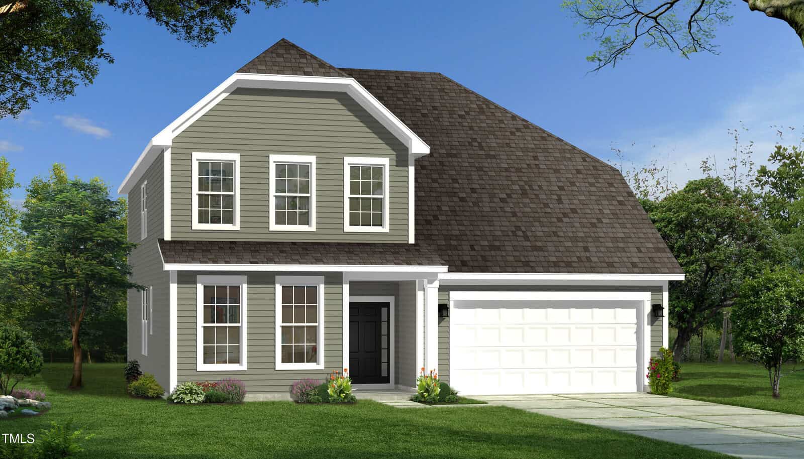 A two-story suburban house with gray siding, white trim, and a dark shingle roof is nestled at 80 Copperleaf Court in Franklinton. The home features a two-car garage, front porch, a green lawn, and a driveway, all surrounded by trees and shrubs under a blue sky.