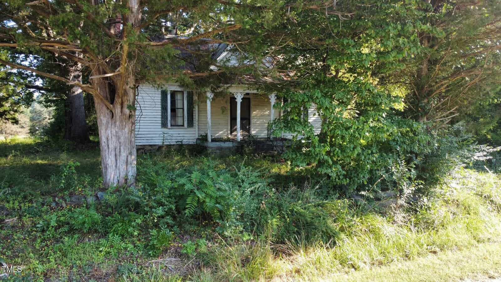 An old, white wooden house with a covered porch is partially hidden by overgrown trees and bushes in a grassy, untended yard. The house appears weathered and neglected.
