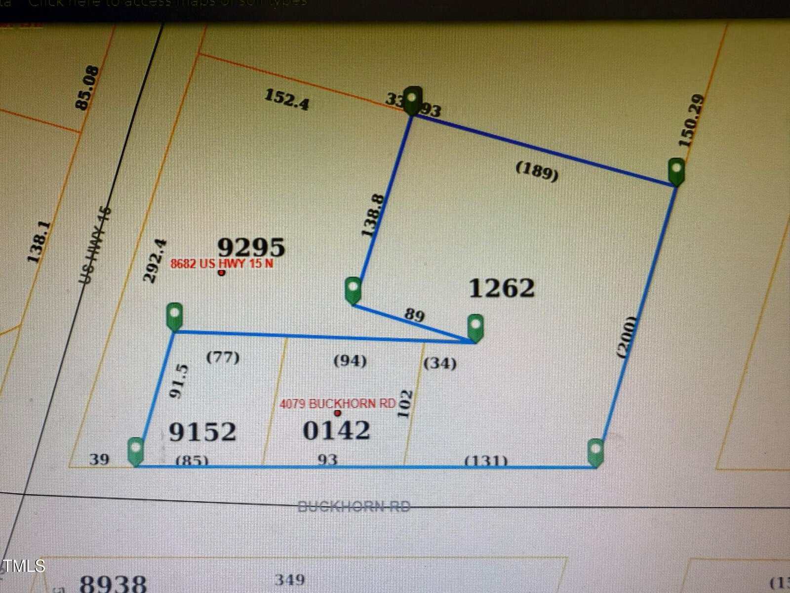 Parcel map showing outlined property boundaries, labeled with plot numbers (9295, 1262, 9152, 0142), measurements in feet, and road names “BUCKHORN RD” and “U.S. HWY 15 N.”.