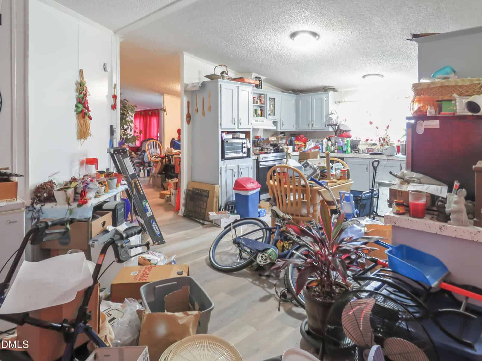A cluttered room filled with scattered items, including boxes, a bicycle, kitchenware, plants, and household objects. The kitchen is visible in the background, and cabinets are partially open. Light enters through a window.