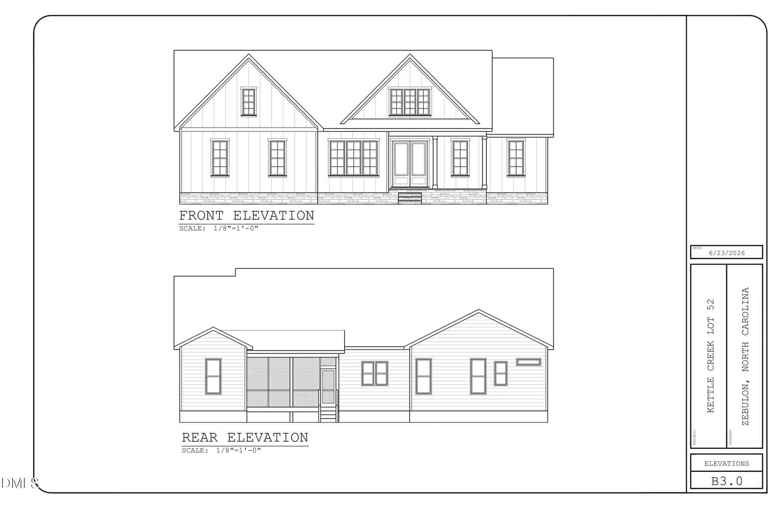 Architectural drawing showing front and rear elevations of a one-story house with gabled roof at 205 Diamond Creek Drive, Zebulon, labeled "Front Elevation" and "Rear Elevation." Includes scale, project details, and date on the right side.