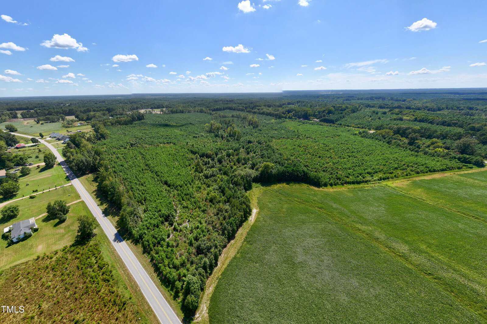 Aerial view of a rural landscape featuring a paved road, scattered houses, dense green forest, and open grassy fields under a blue sky with scattered clouds.