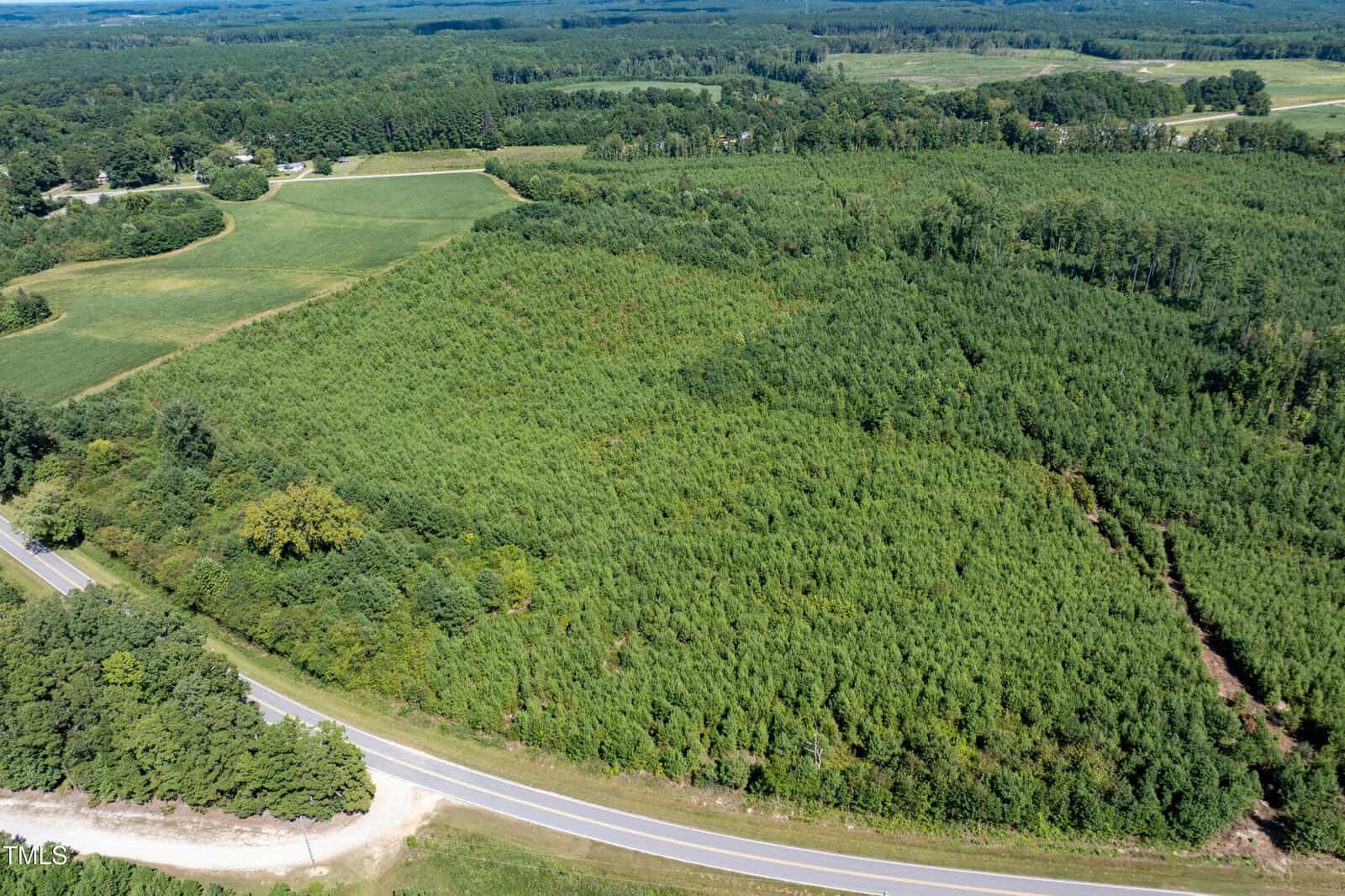 Aerial view of a large green forested area bordered by a curving paved road in the foreground, with open fields and additional wooded areas in the background under a clear sky.
