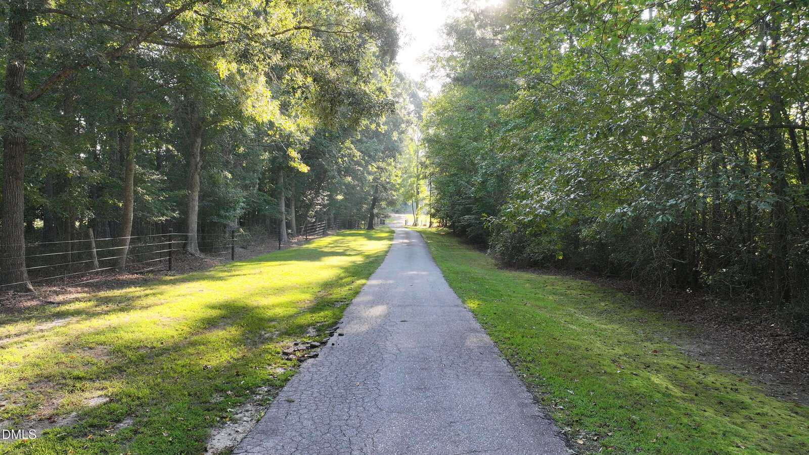 A paved path runs straight through a wooded area with trees on both sides and a wire fence on the left. Sunlight filters through the leaves, casting shadows on the ground.