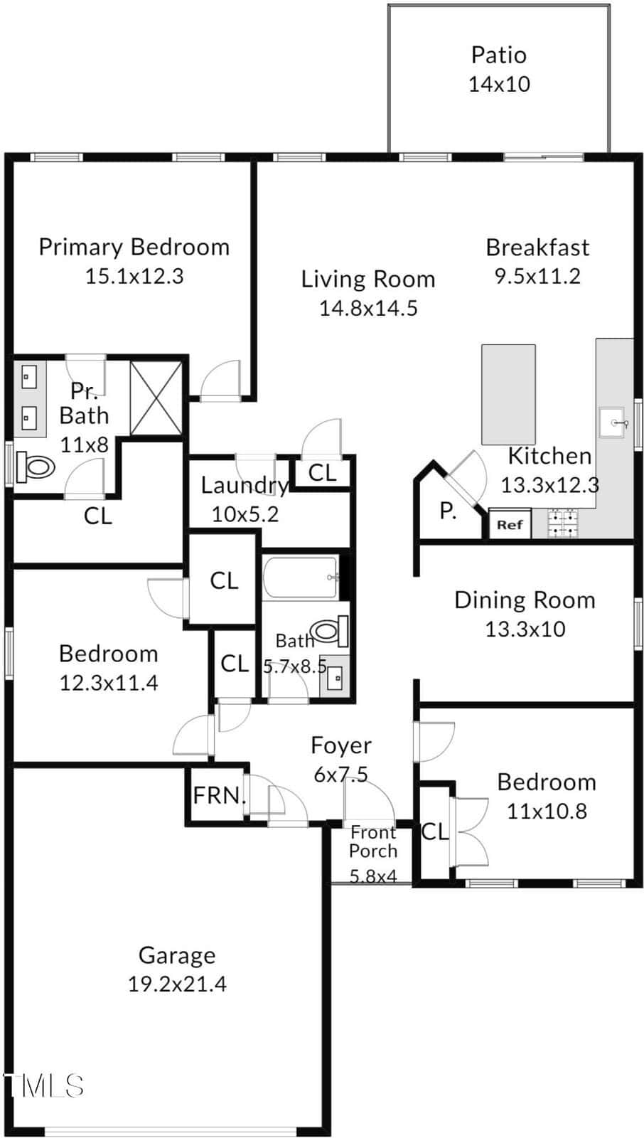 Black and white floor plan of a single-story house showing three bedrooms, two and a half bathrooms, kitchen, living room, dining, laundry, garage, foyer, front porch, and a back patio, with room dimensions labeled.