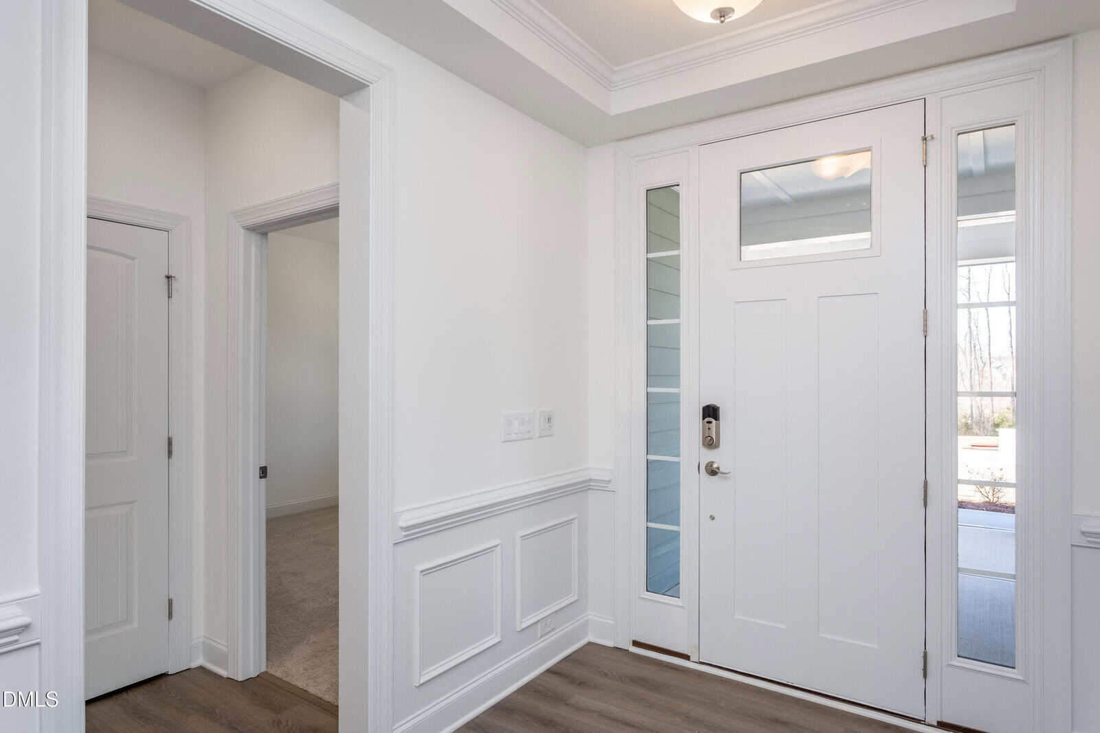 Bright entryway with white walls, paneled wainscoting, and wood flooring. Features a white front door with glass panels, a ceiling light, and doorways leading to other rooms. Natural light illuminates the space.