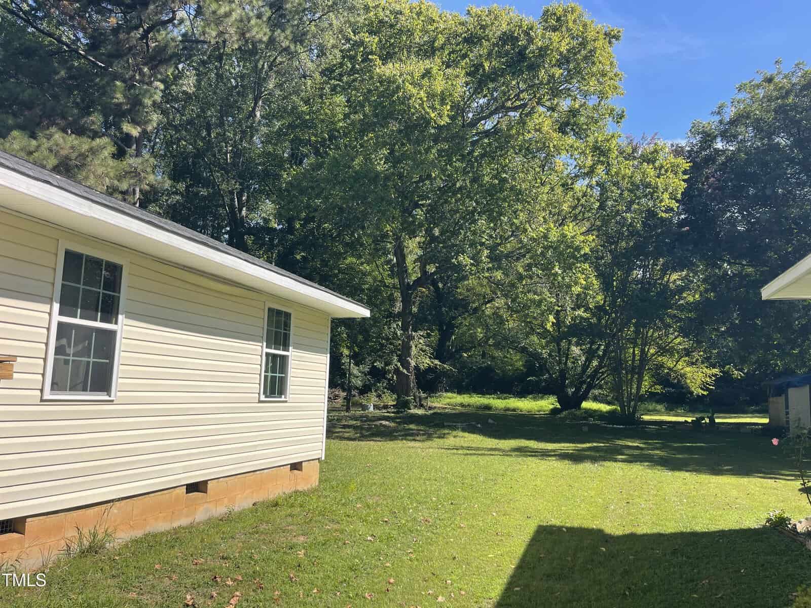 A sunny backyard with green grass, large trees, and the side of a light-colored house with two windows. Another building is partially visible on the right. Shadows and sunlight create a peaceful outdoor scene.